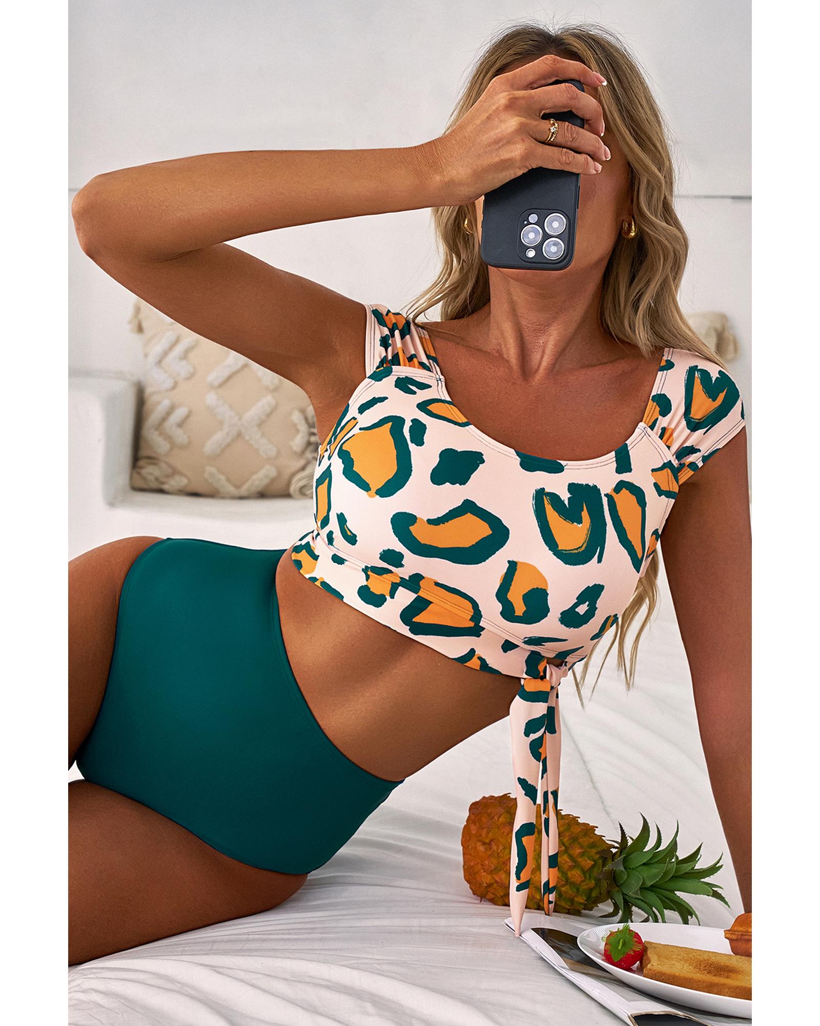 Green Leopard Print U Neck Knotted High Waist Bikini Set - S