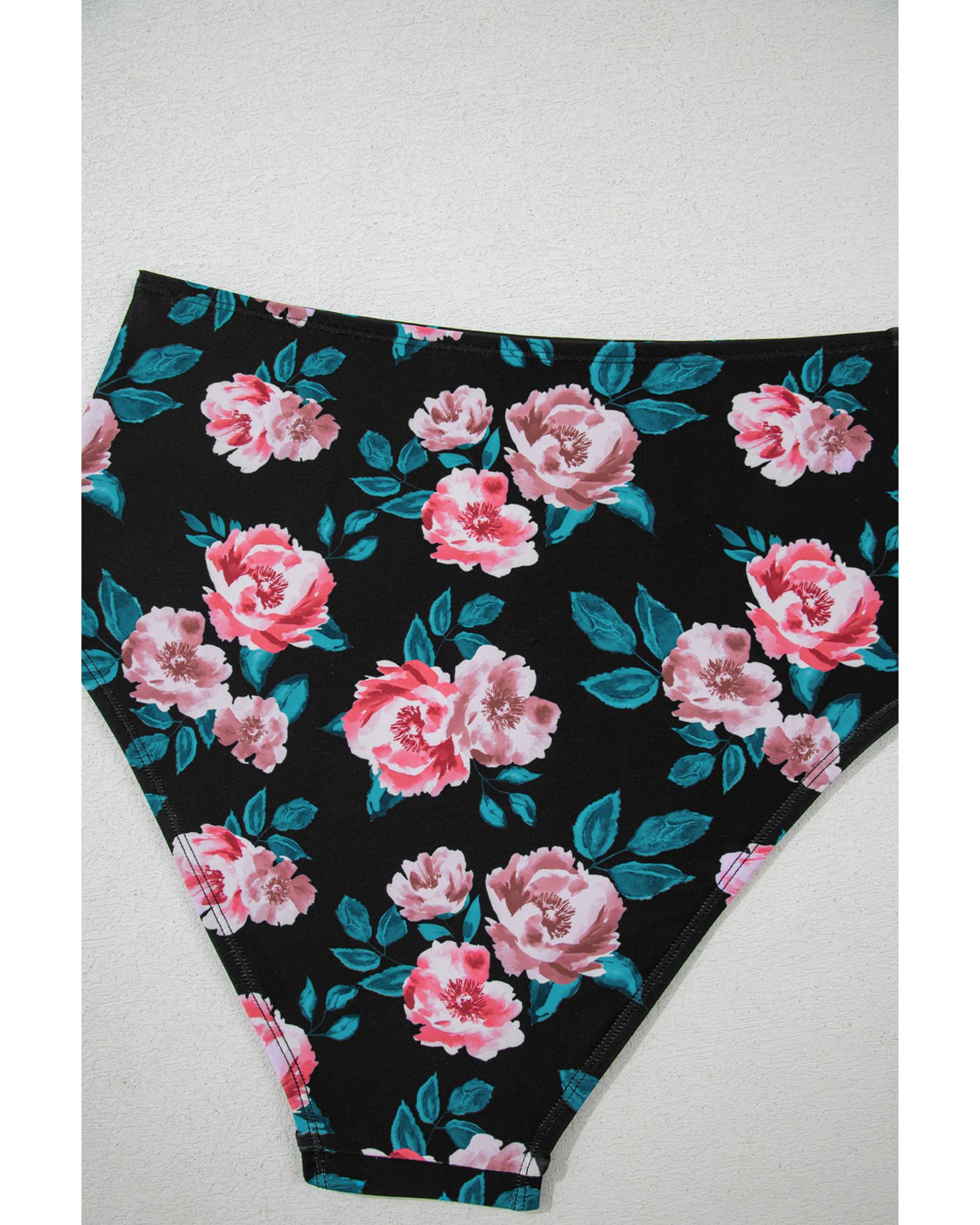 Sea Green Solid Ruffled Square Neck Swim Top and Floral Shorts Bikini Set - L 7