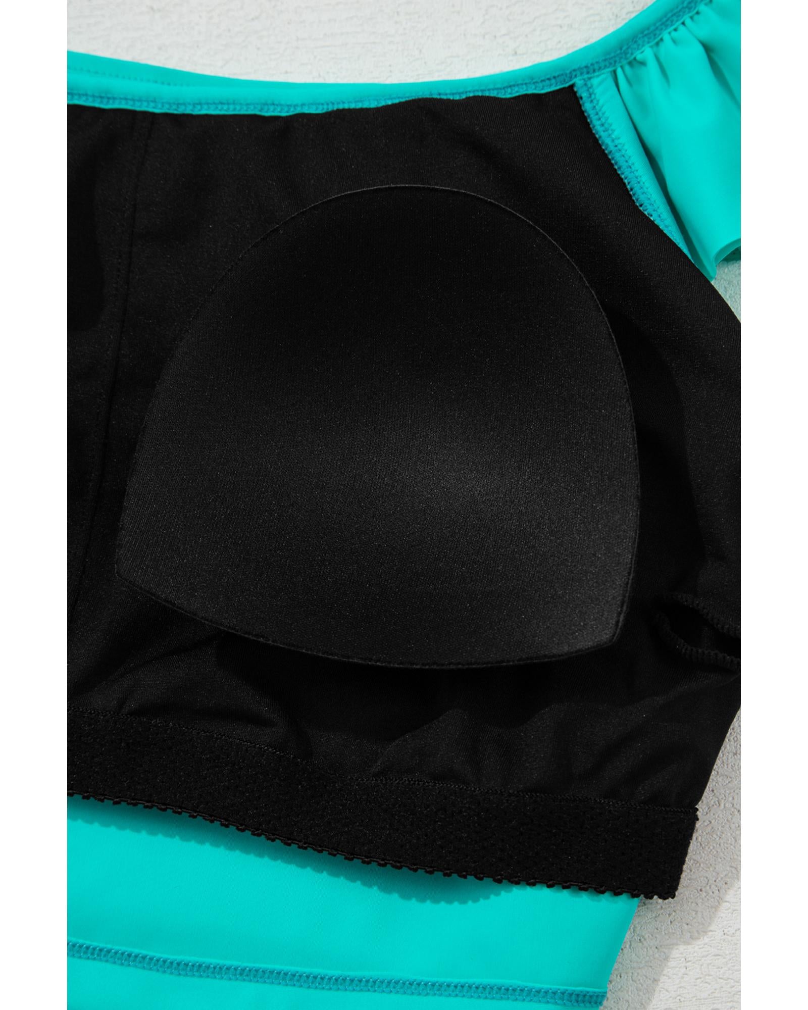 Sea Green Solid Ruffled Square Neck Swim Top and Floral Shorts Bikini Set - M 8