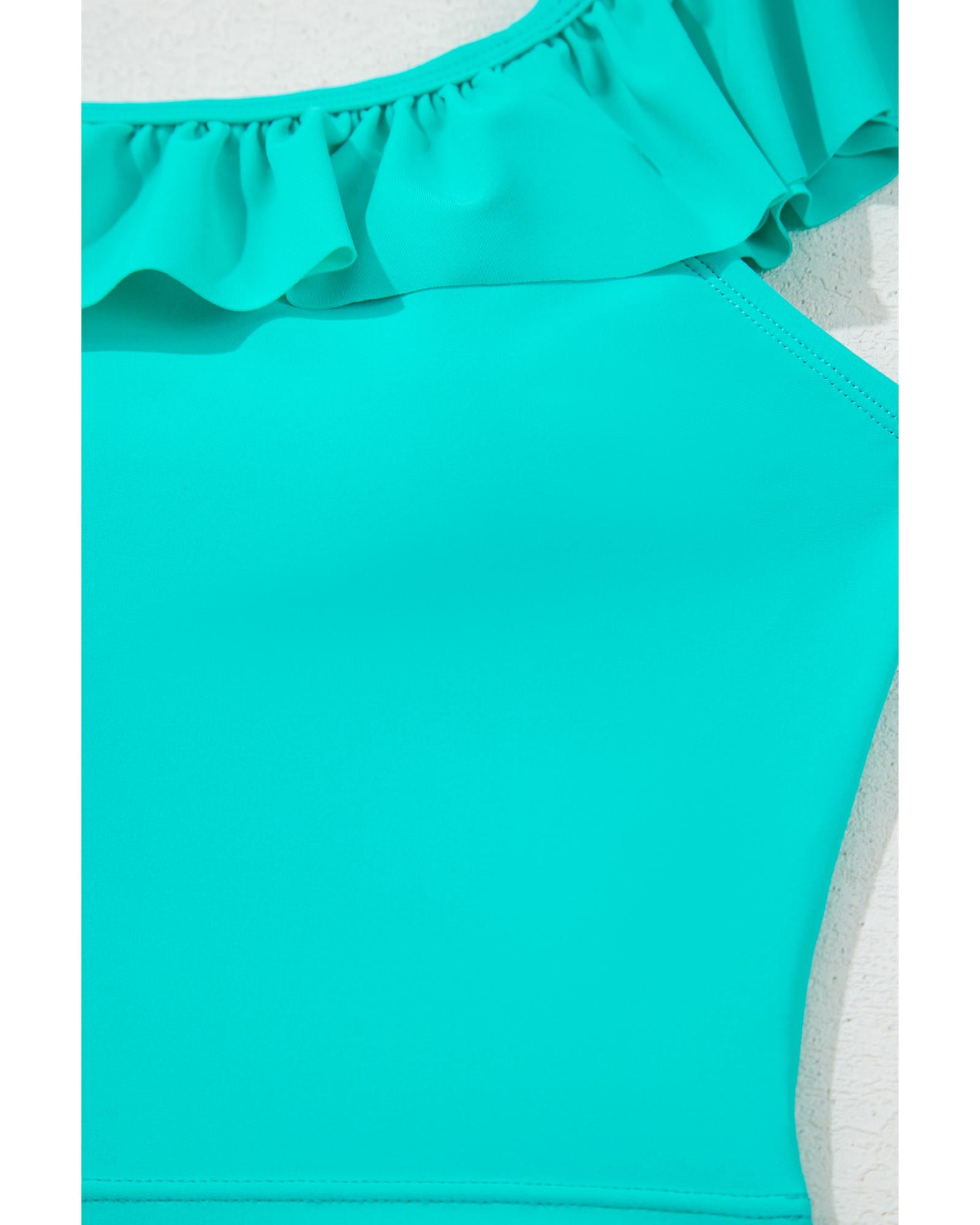 Sea Green Solid Ruffled Square Neck Swim Top and Floral Shorts Bikini Set - XL 6