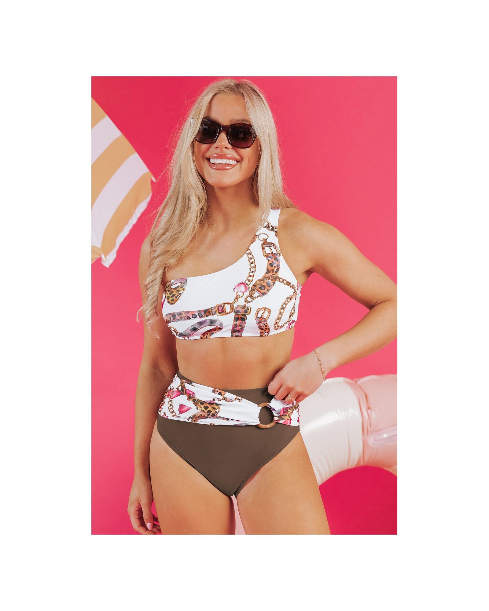 Khaki Abstract Print One Shoulder Ring Linked High Waist Bikini - 2XL 5