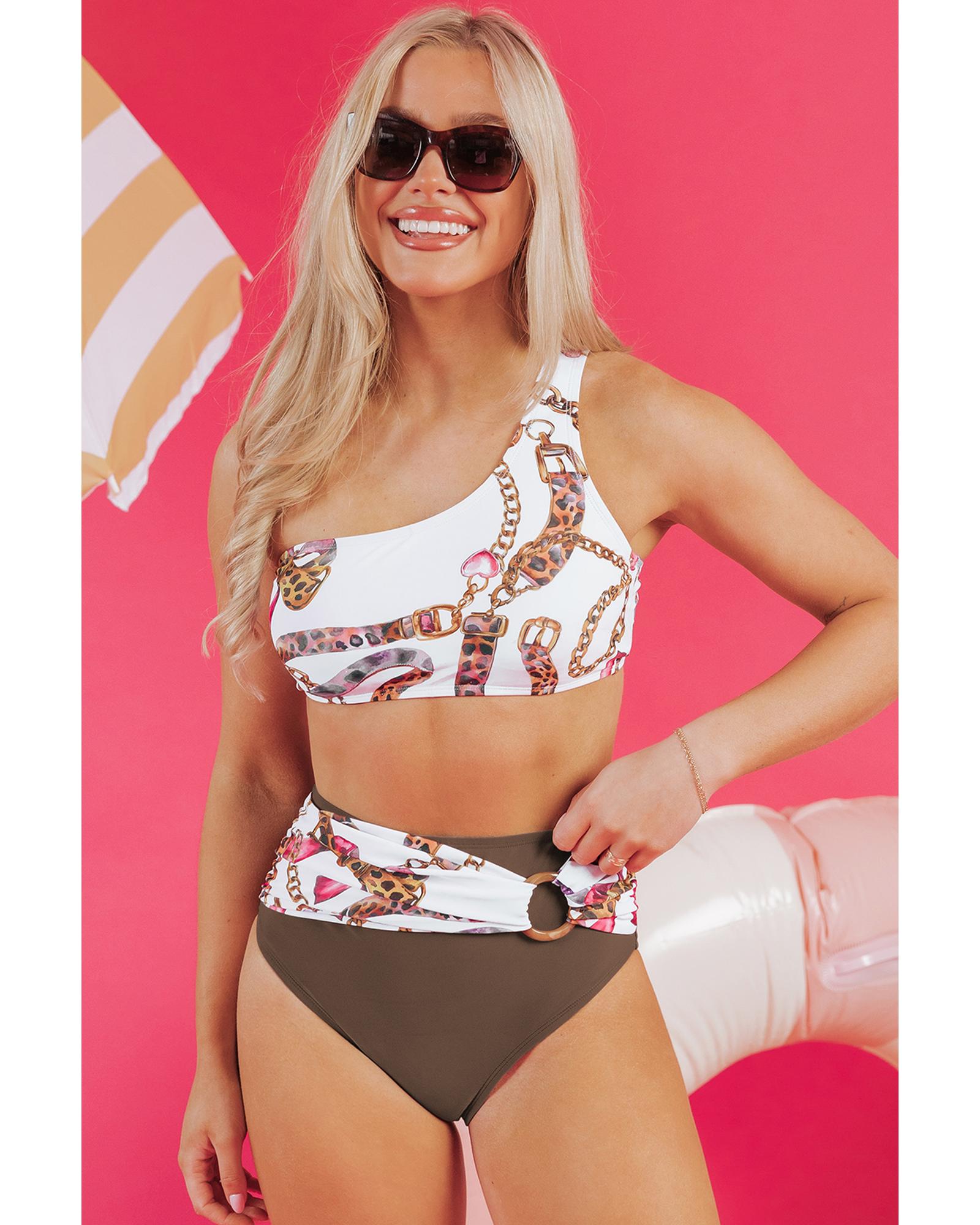 Khaki Abstract Print One Shoulder Ring Linked High Waist Bikini - M 5