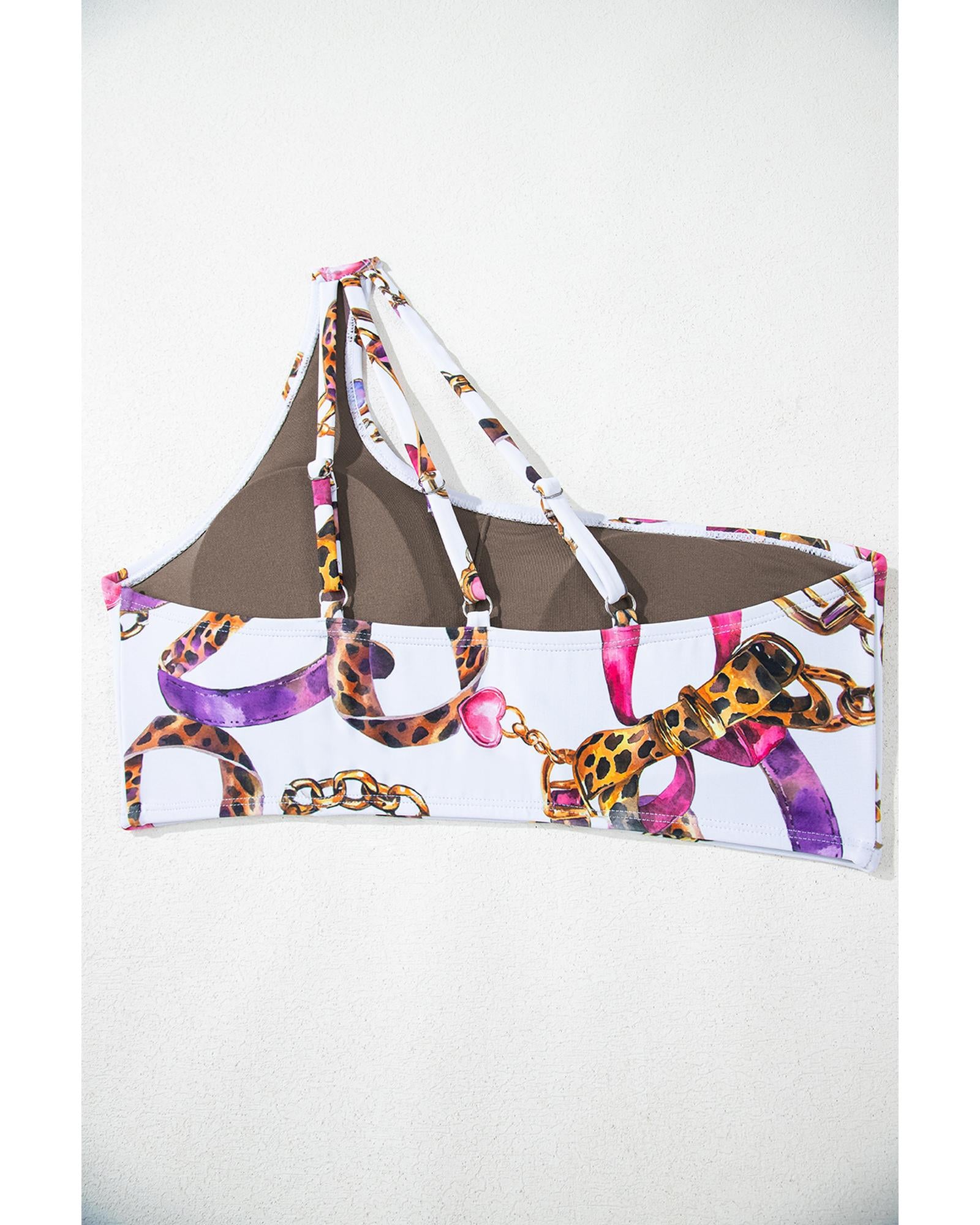 Khaki Abstract Print One Shoulder Ring Linked High Waist Bikini - M 7