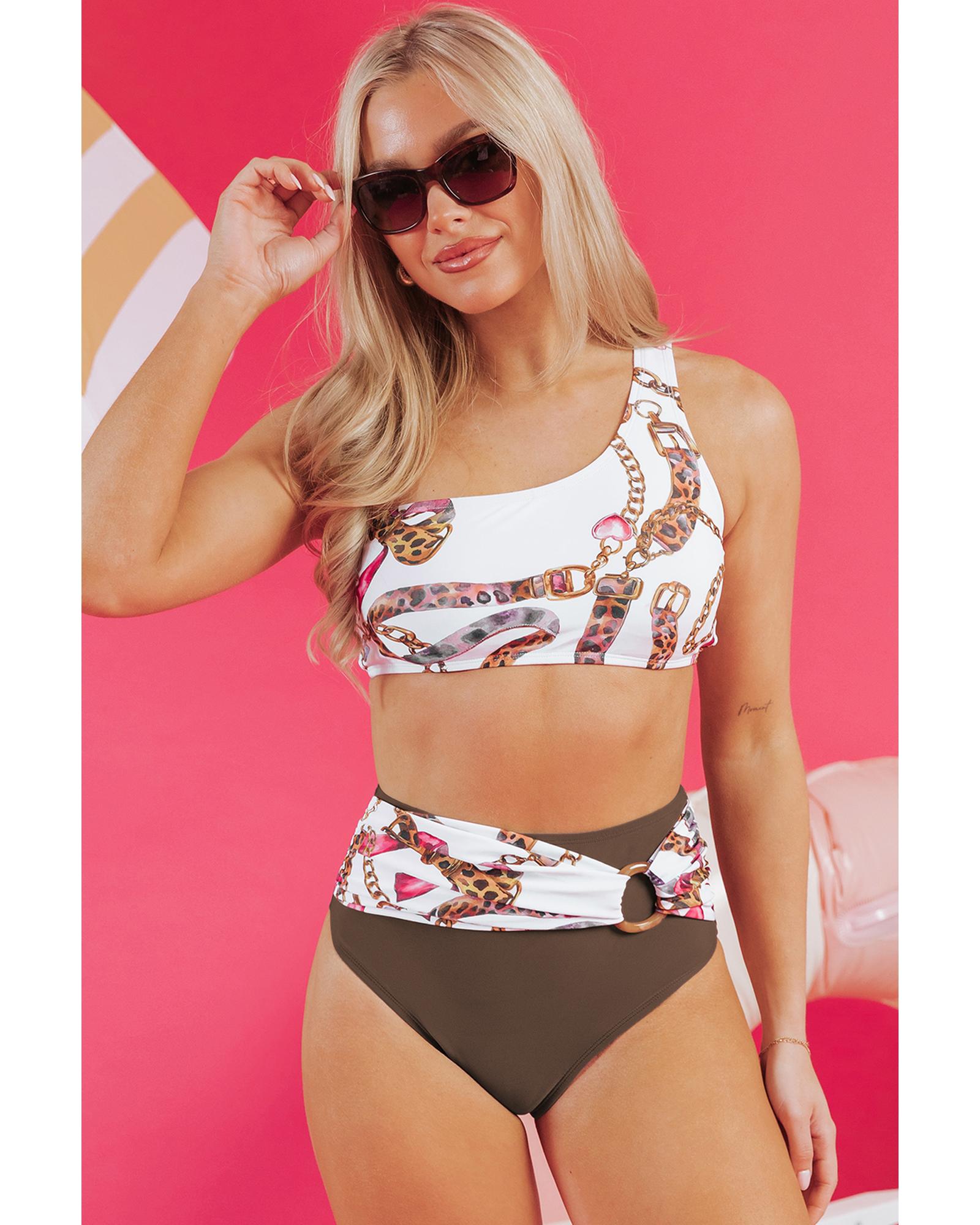 Khaki Abstract Print One Shoulder Ring Linked High Waist Bikini - XL 3