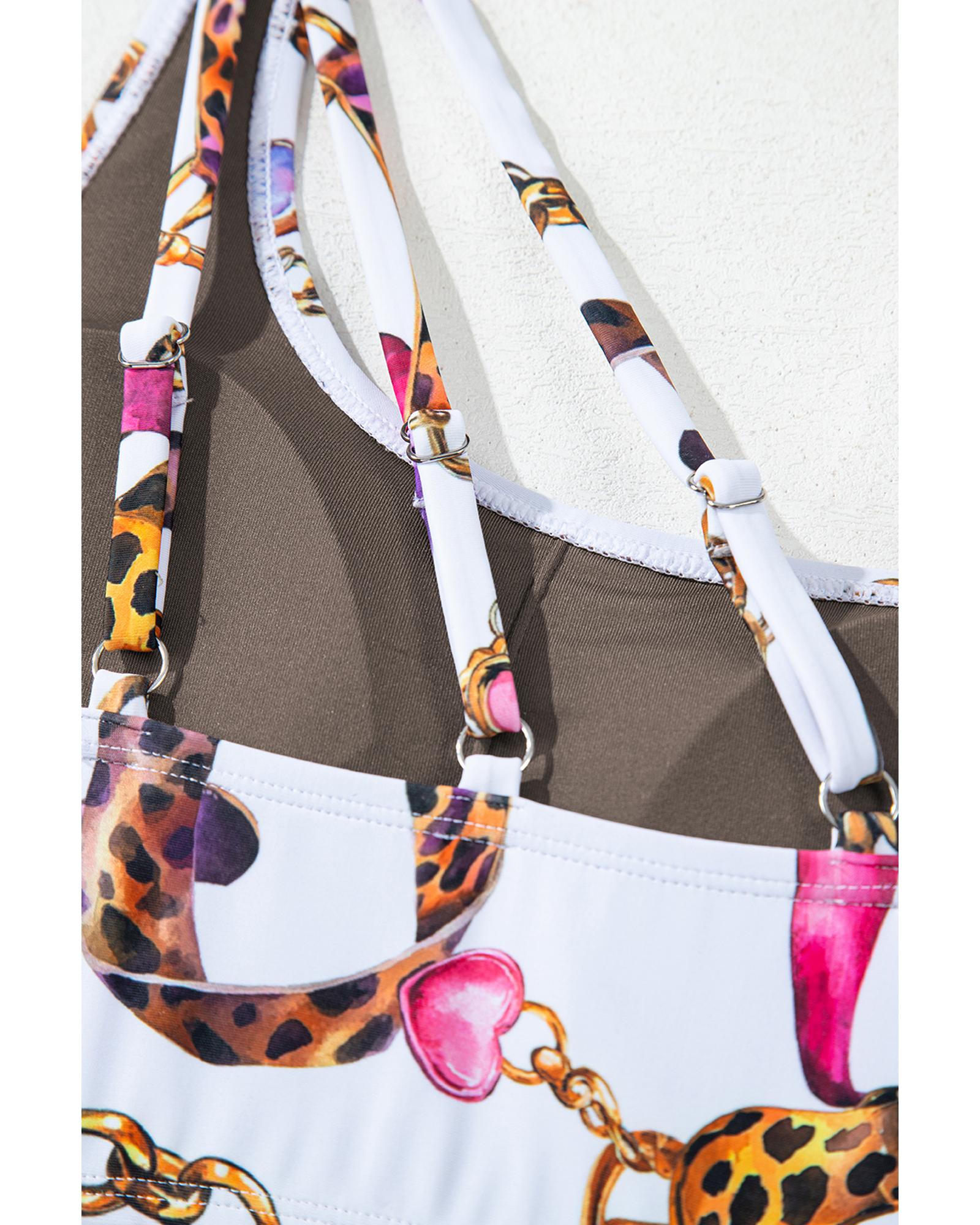 Khaki Abstract Print One Shoulder Ring Linked High Waist Bikini - XL 6