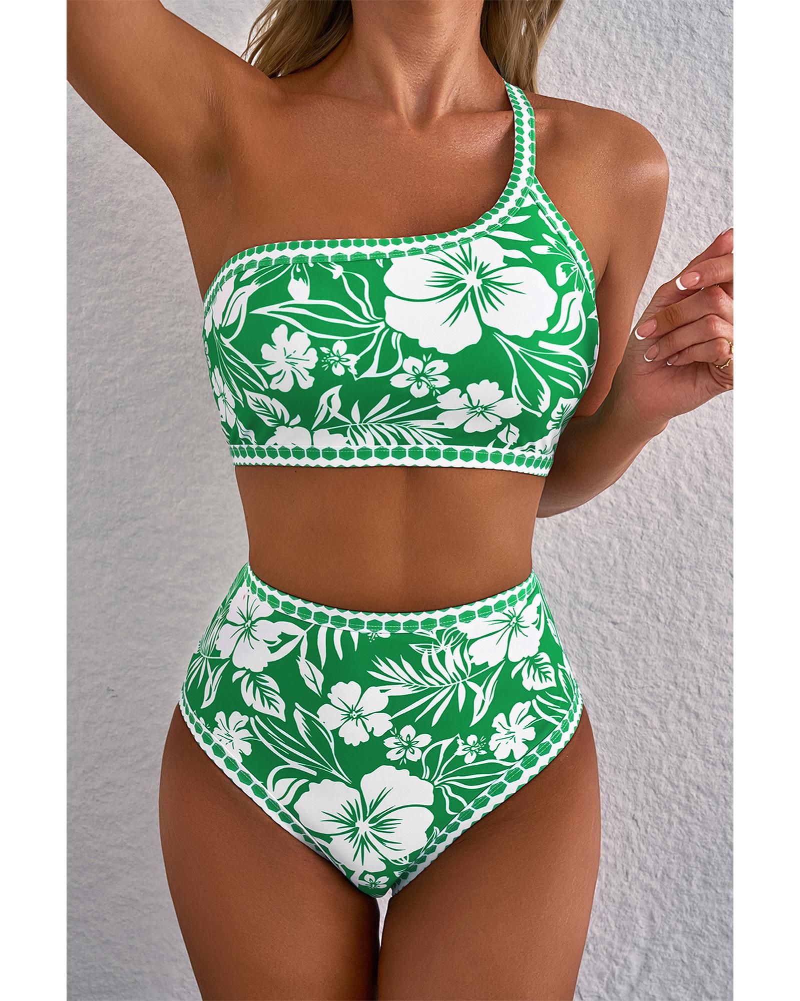 Green Floral Print One Shoulder High Waist Bikini Set - XL
