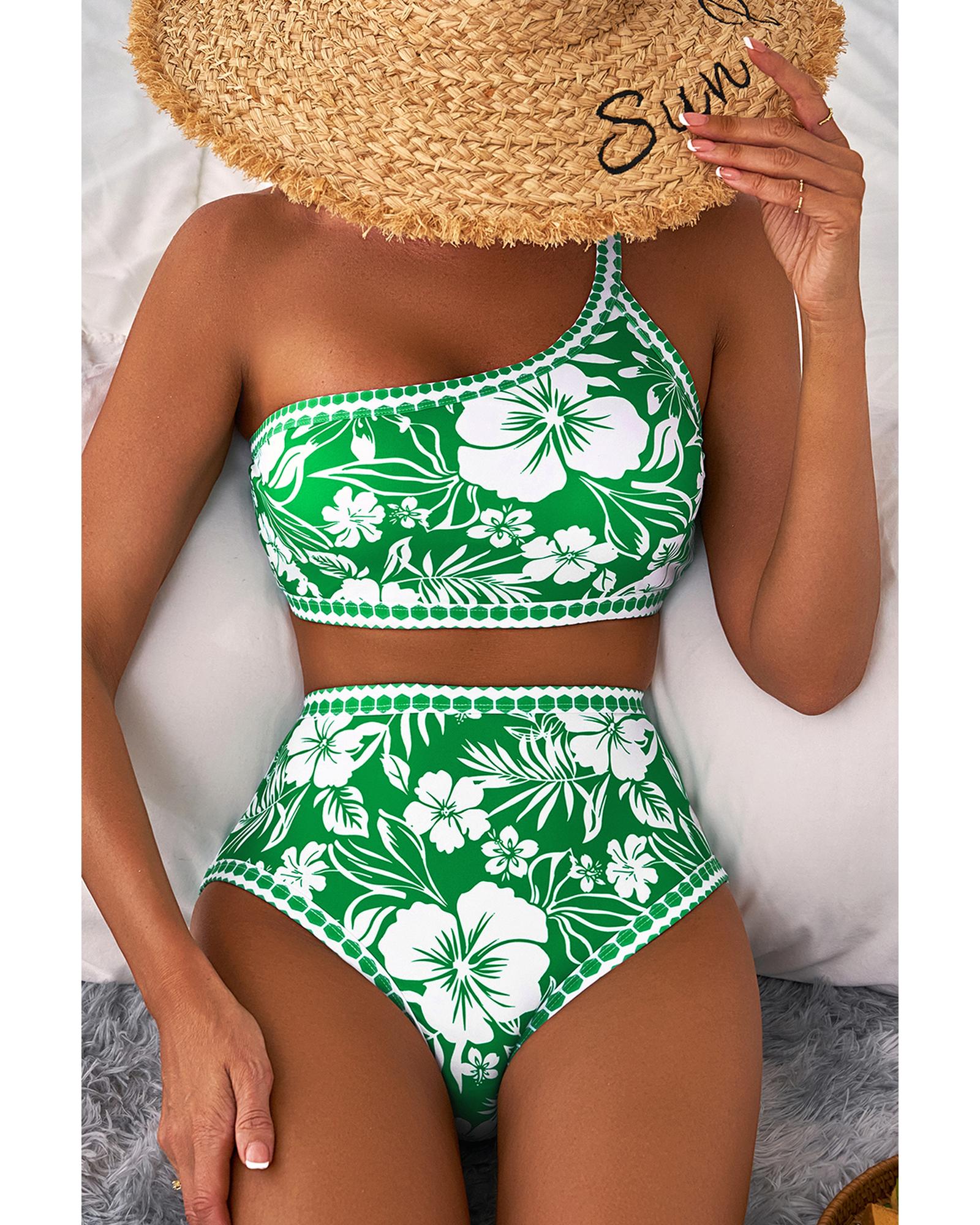 Green Floral Print One Shoulder High Waist Bikini Set - XL 3