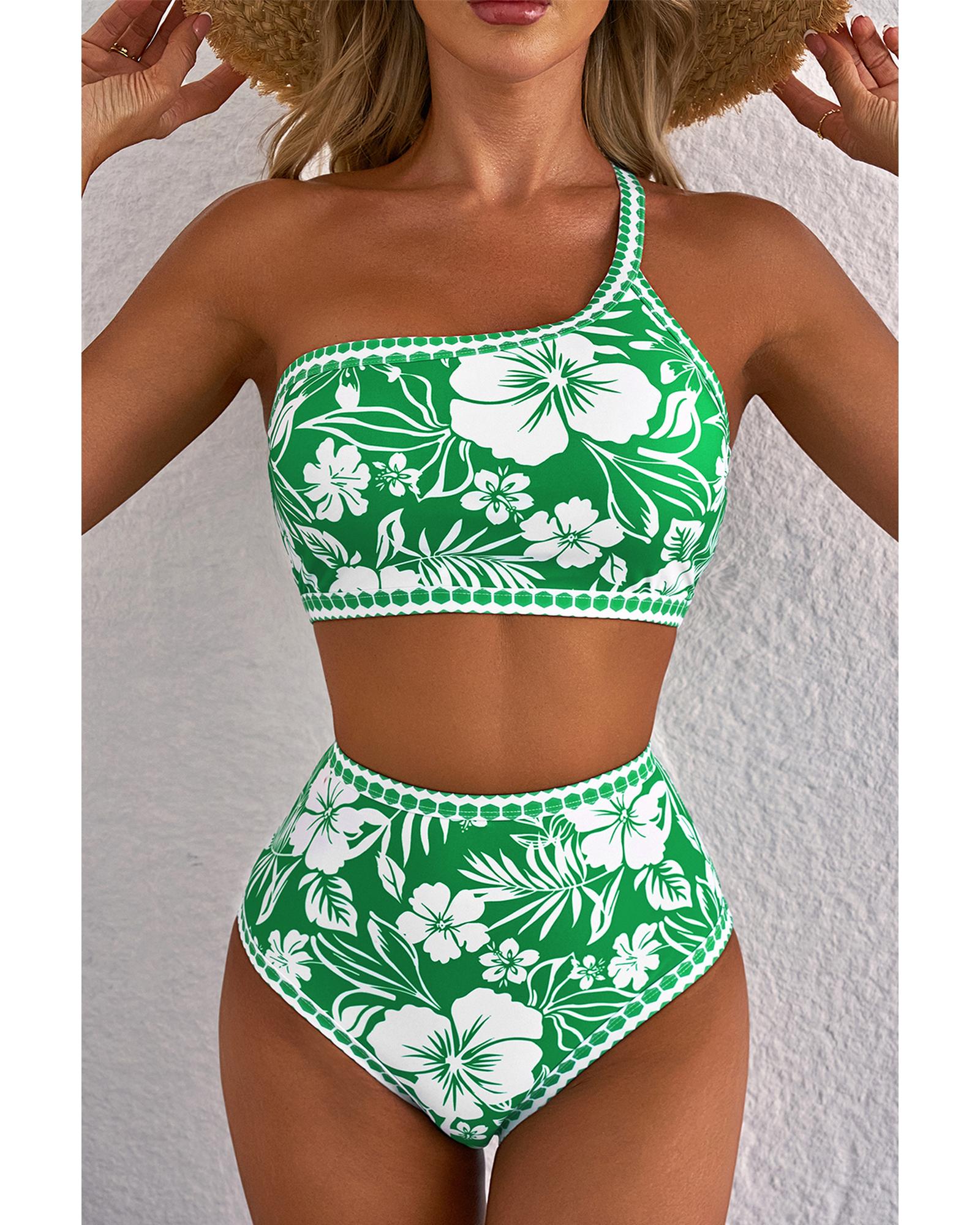 Green Floral Print One Shoulder High Waist Bikini Set - XL 5
