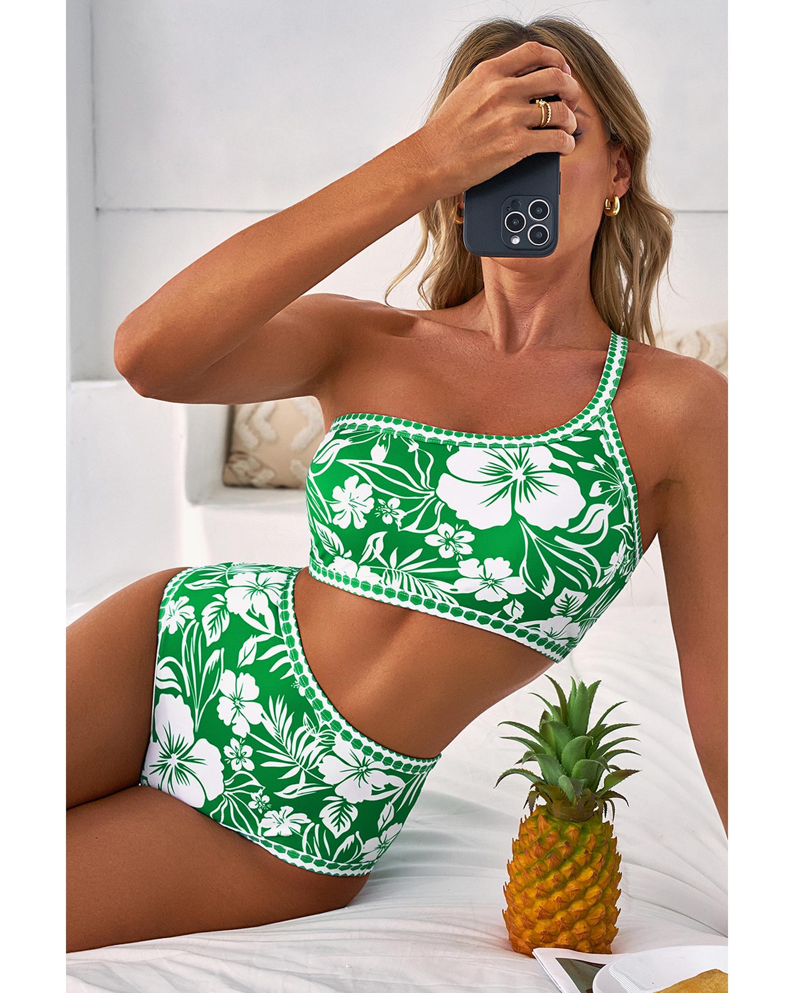Green Floral Print One Shoulder High Waist Bikini Set - XL 6