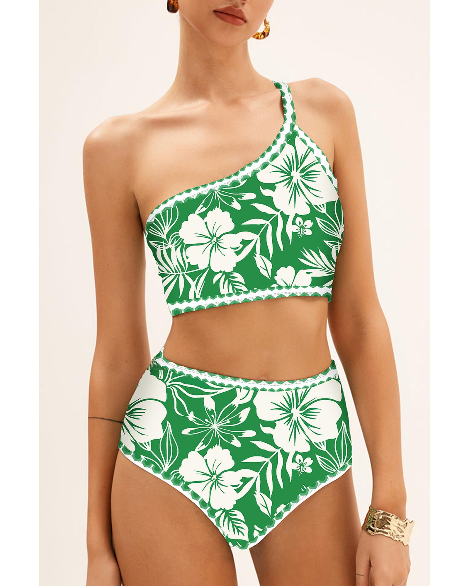 Green Floral Print One Shoulder High Waist Bikini Set - XL 7