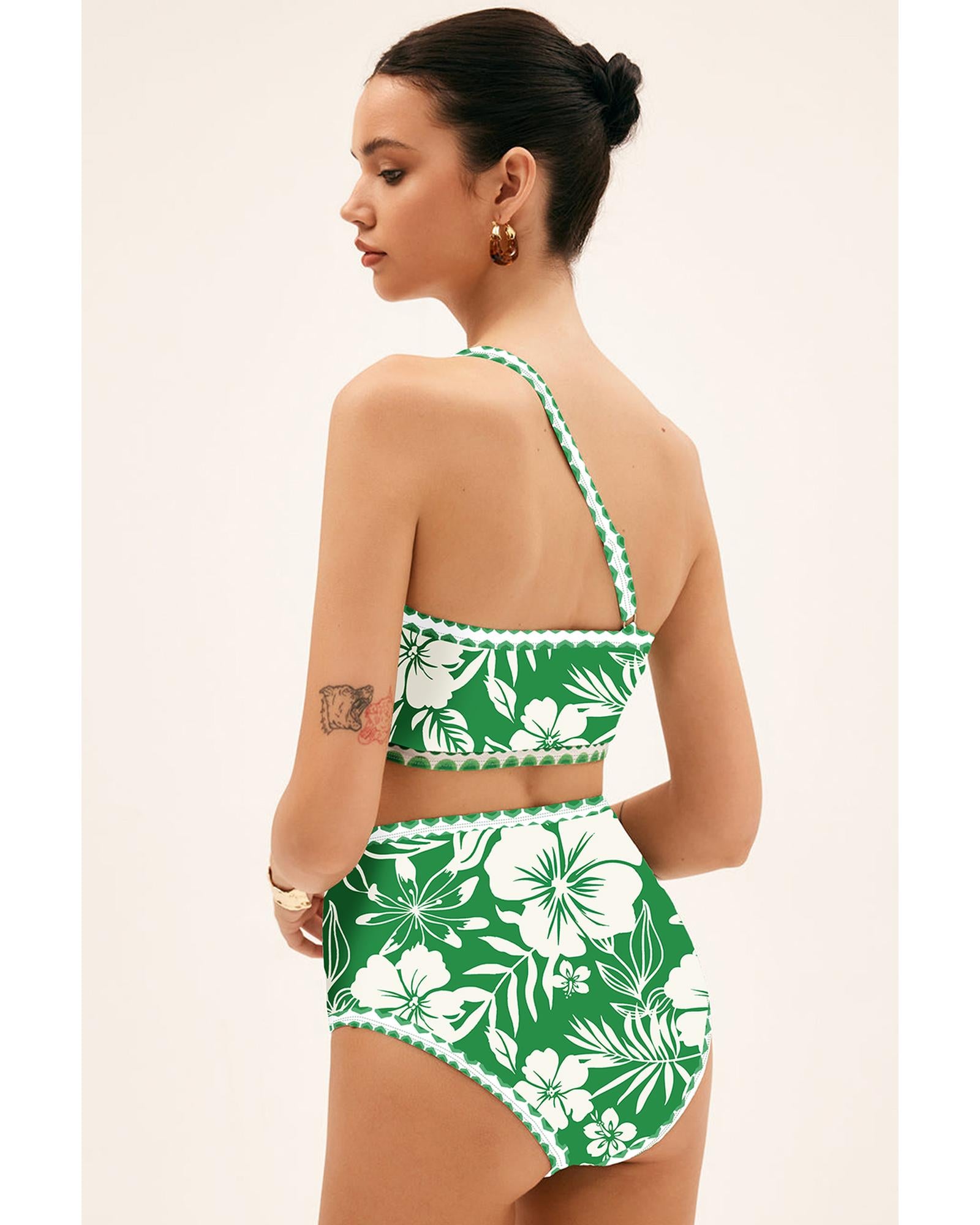 Green Floral Print One Shoulder High Waist Bikini Set - XL 8
