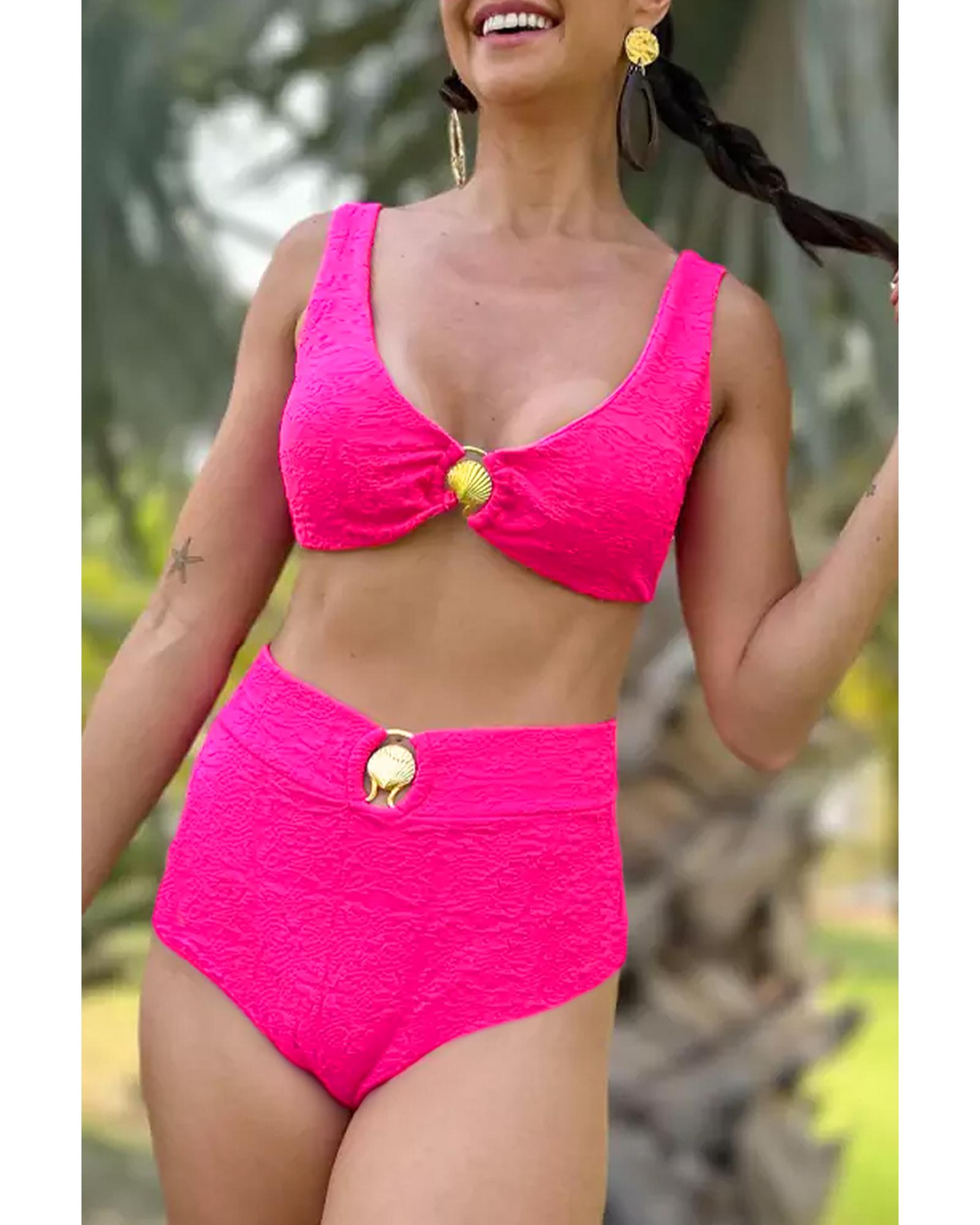 Rose Red Gold Shell Decor Wire-free Knotted 2pcs Bikini Swimsuit - S 7