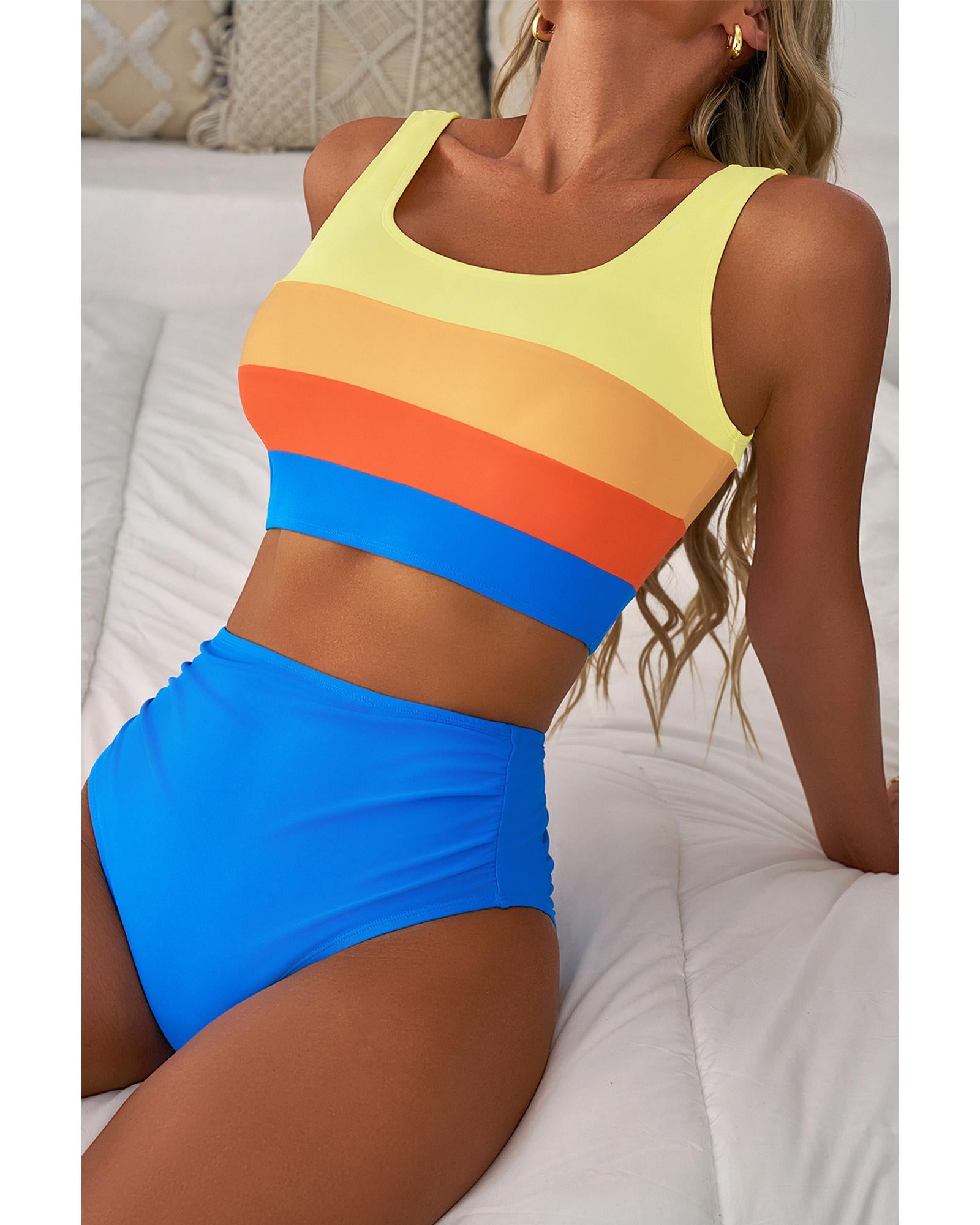 Blue Colorblock Square Neck Top Pleated High Waisted Bikini - M 3