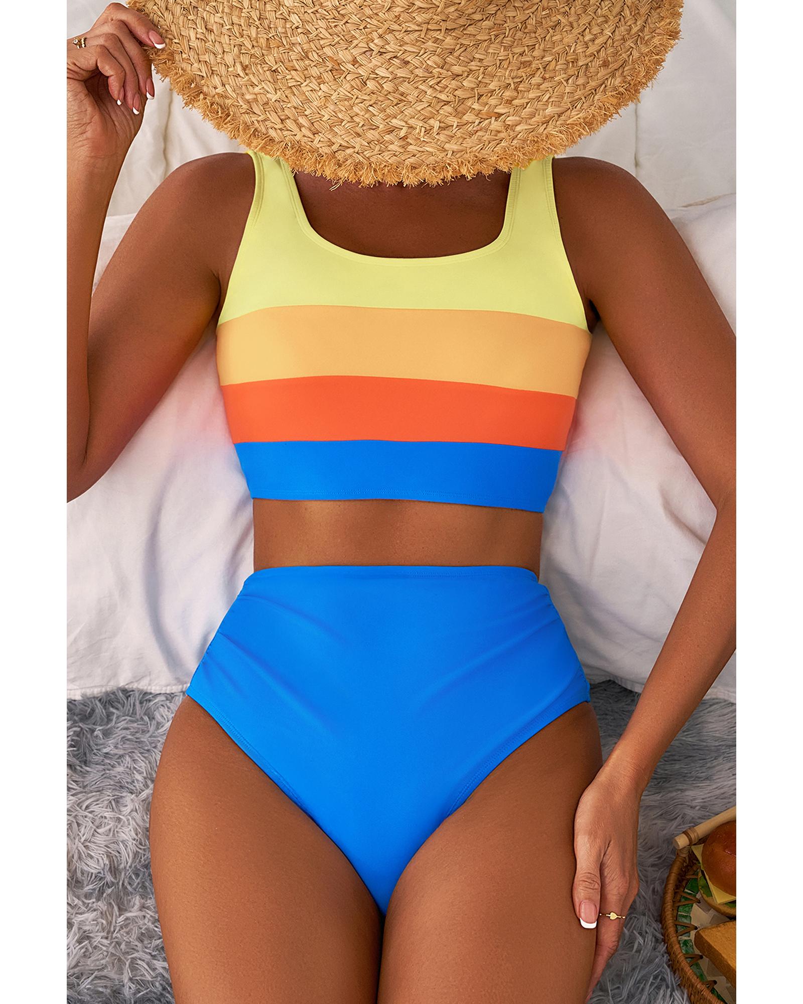 Blue Colorblock Square Neck Top Pleated High Waisted Bikini - M 5