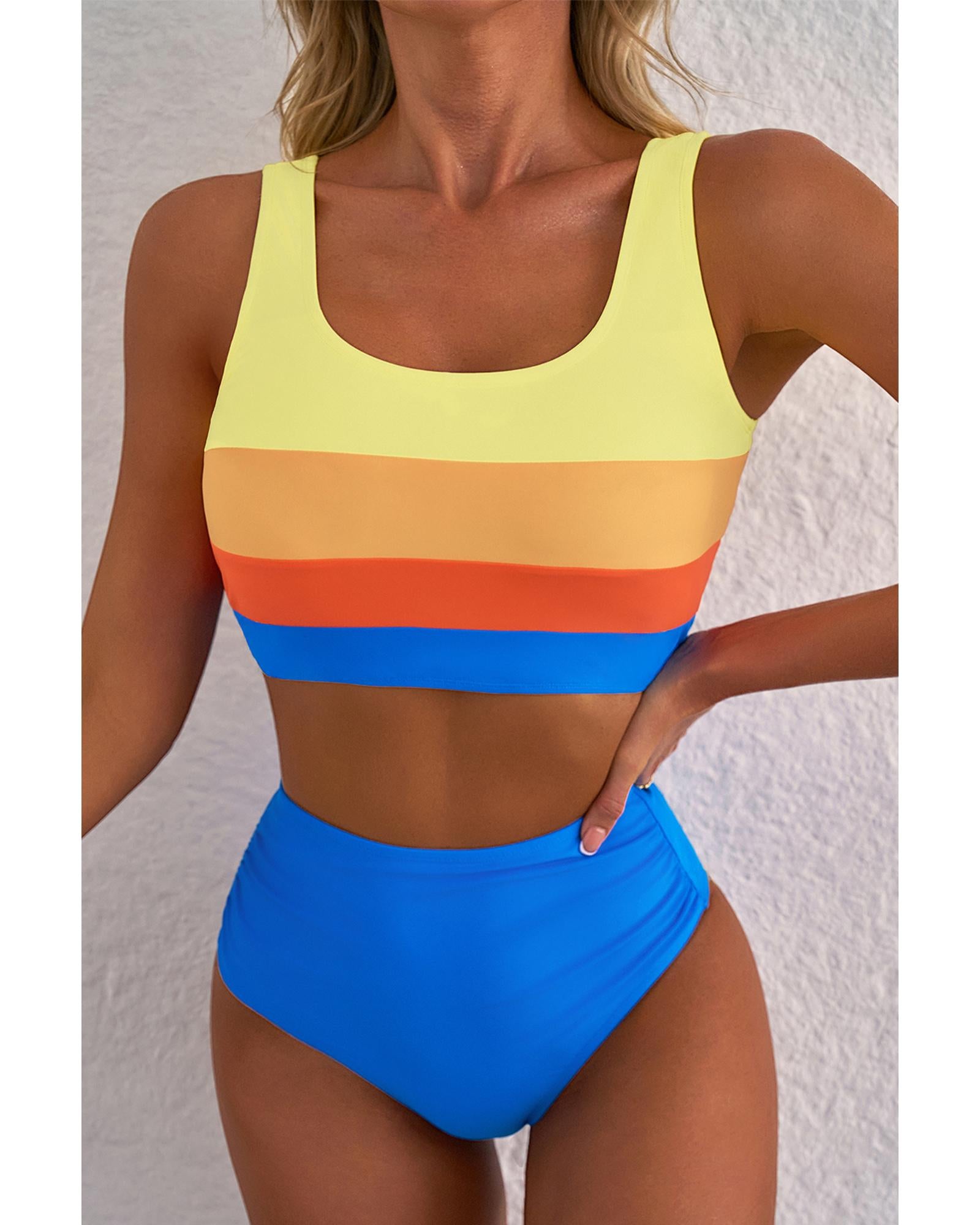 Blue Colorblock Square Neck Top Pleated High Waisted Bikini - M 6
