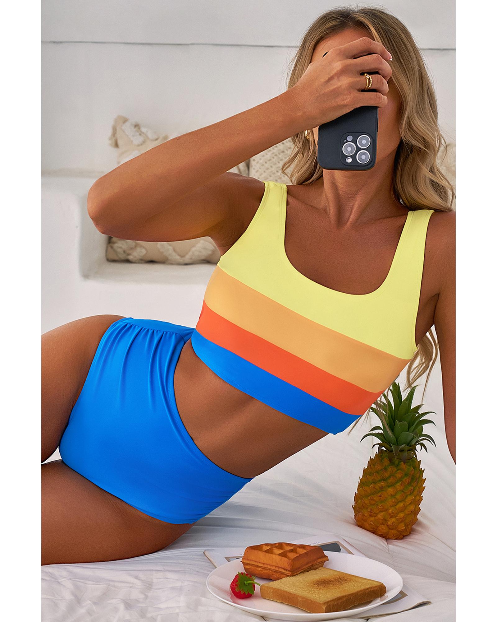 Blue Colorblock Square Neck Top Pleated High Waisted Bikini - S 4