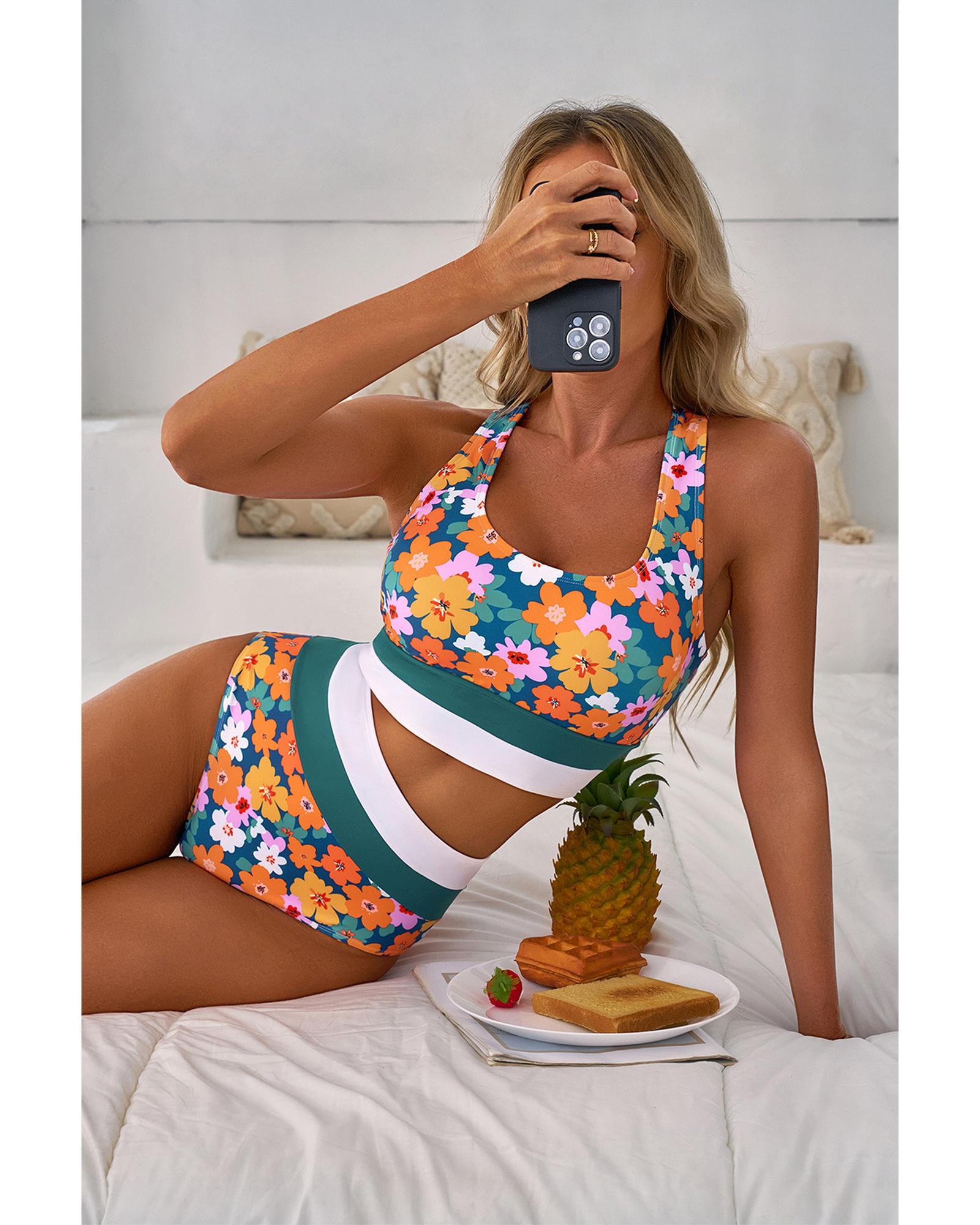 Green Floral Print Racerback Cutout High Waist 2pcs Bikini - M 6