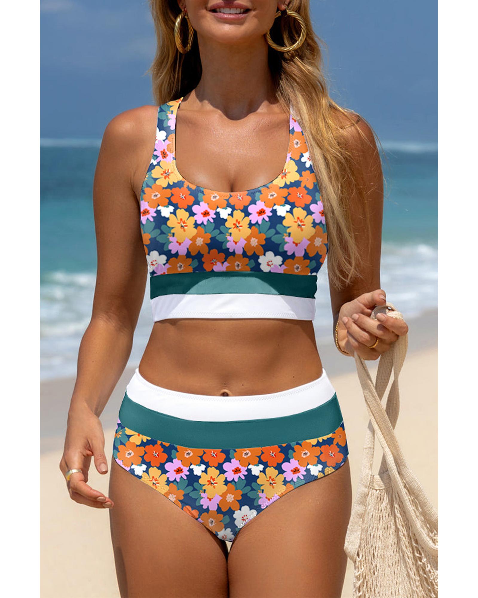 Green Floral Print Racerback Cutout High Waist 2pcs Bikini - M 7