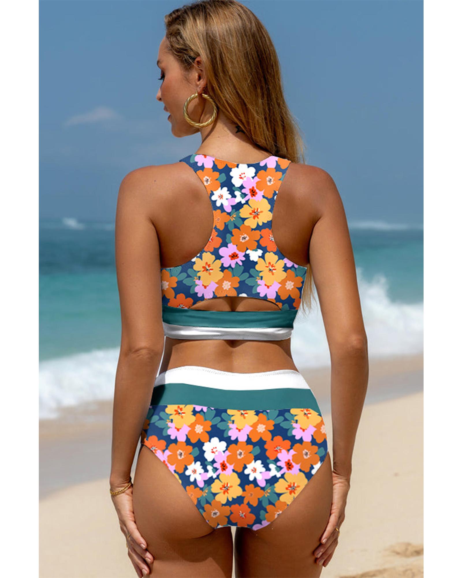 Green Floral Print Racerback Cutout High Waist 2pcs Bikini - M 8