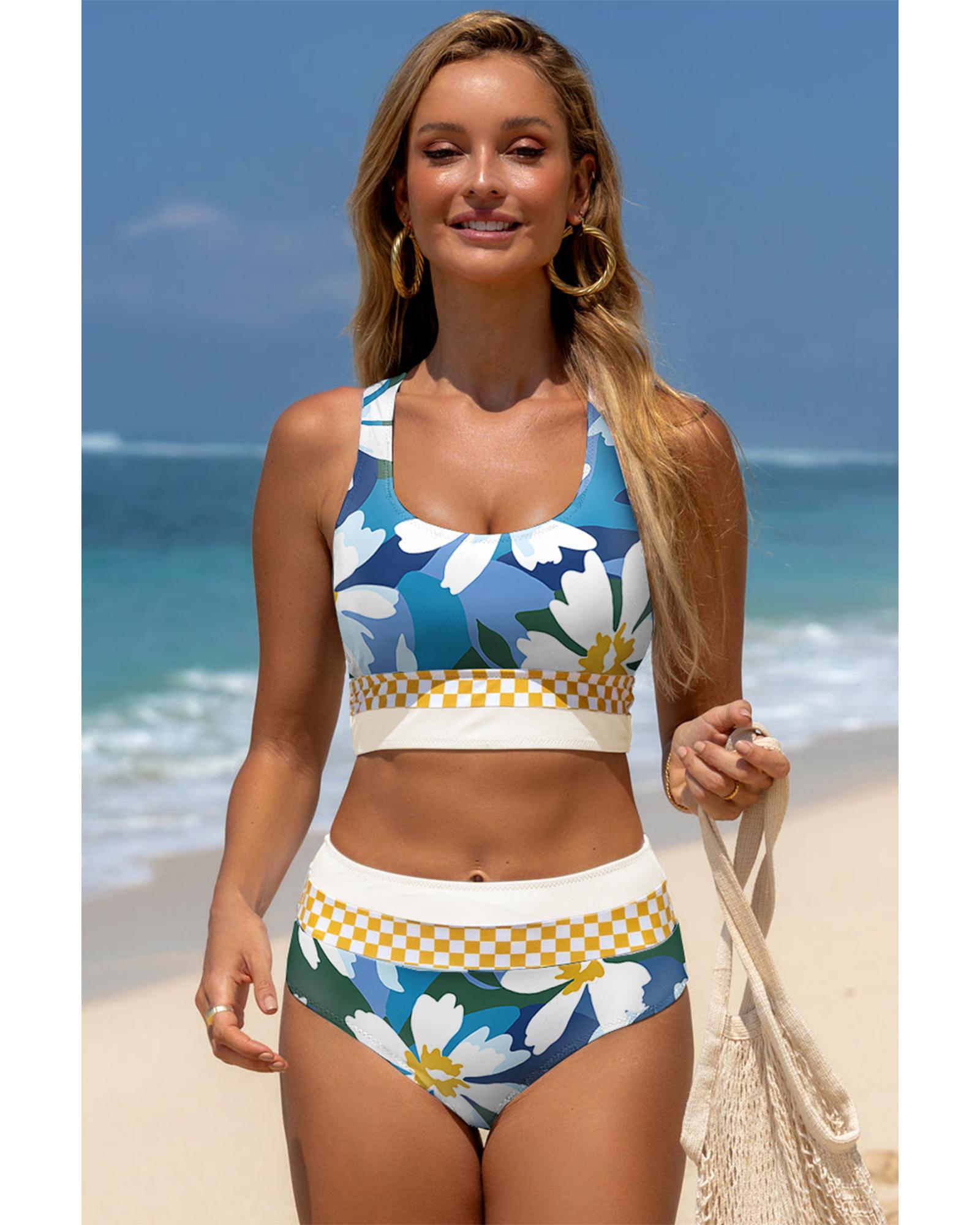 Green Floral Print Racerback Cutout High Waist 2pcs Bikini - 2XL 3