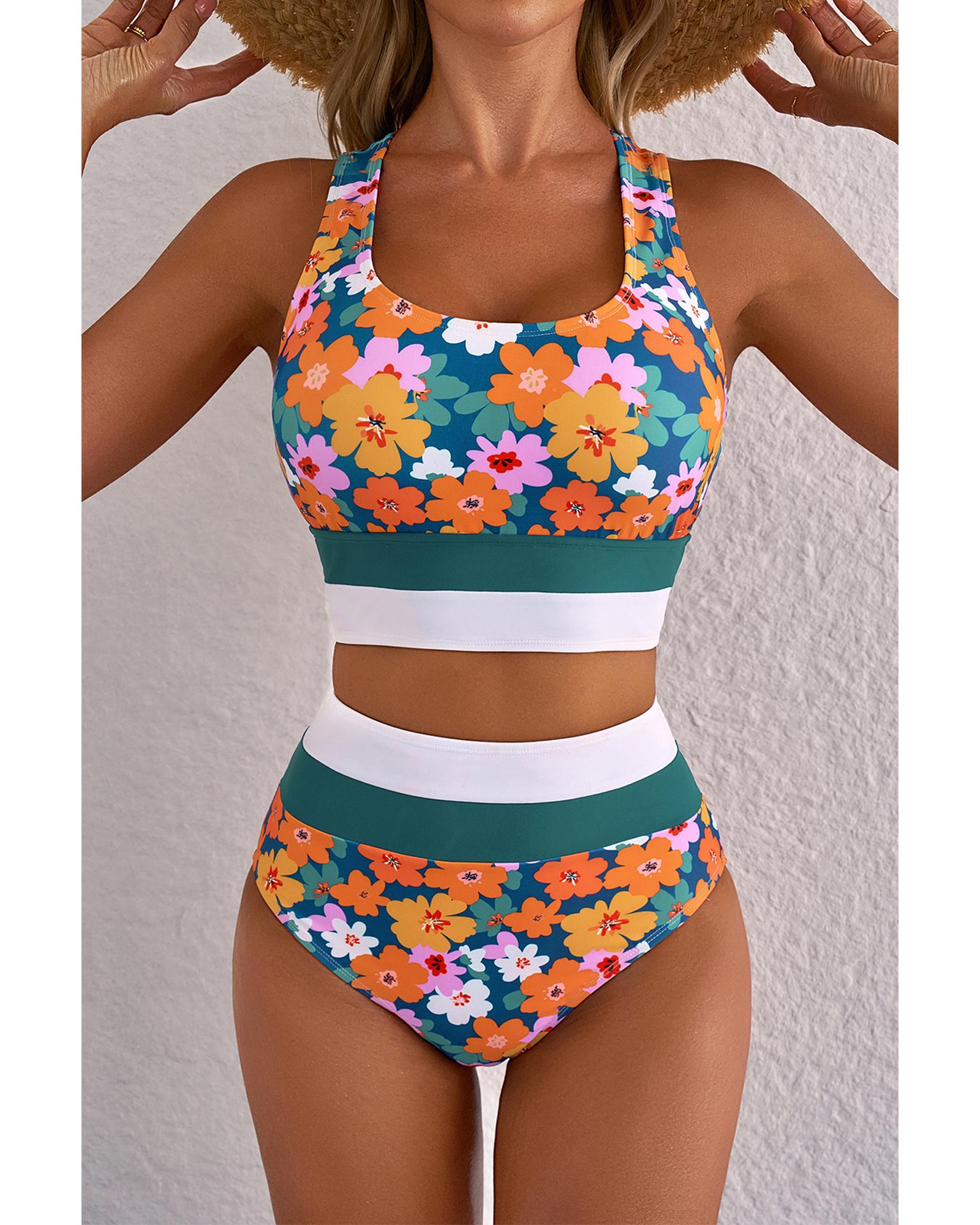 Green Floral Print Racerback Cutout High Waist 2pcs Bikini - 2XL 4