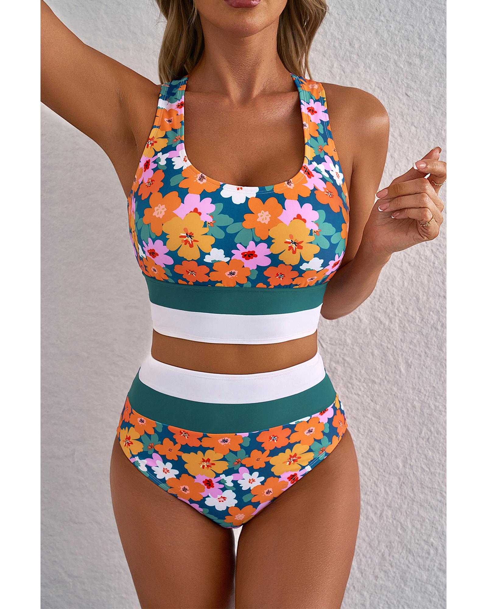 Green Floral Print Racerback Cutout High Waist 2pcs Bikini - 2XL 5