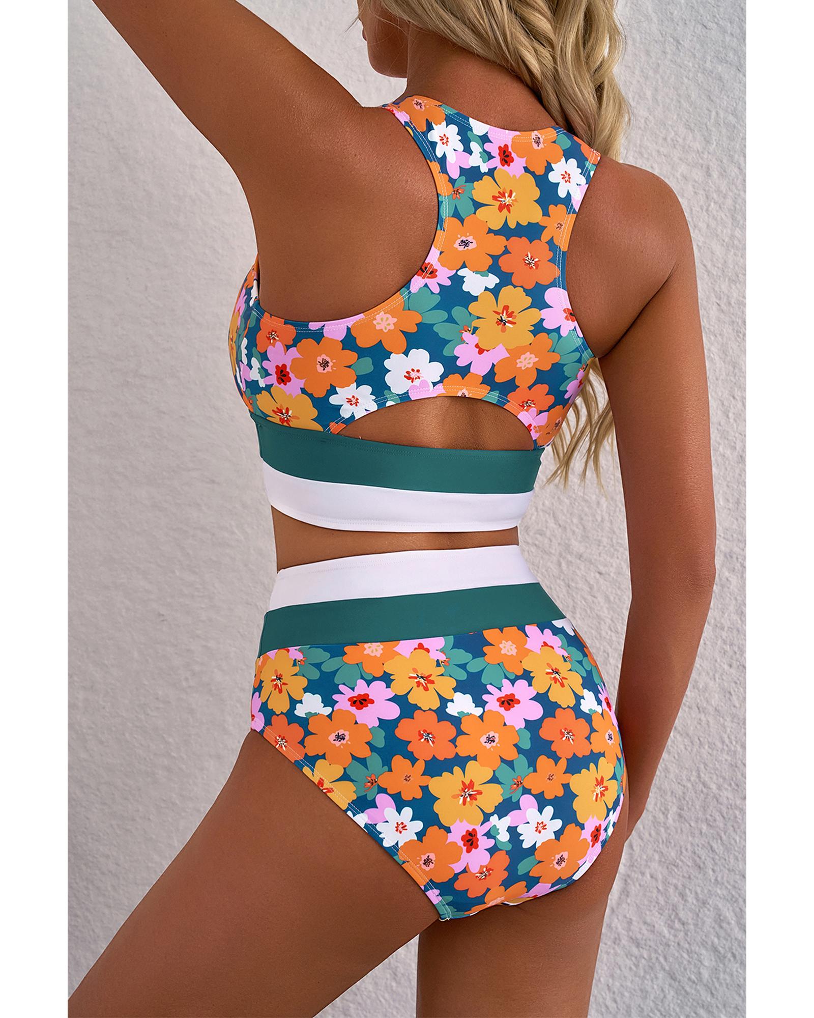 Green Floral Print Racerback Cutout High Waist 2pcs Bikini - 2XL 6