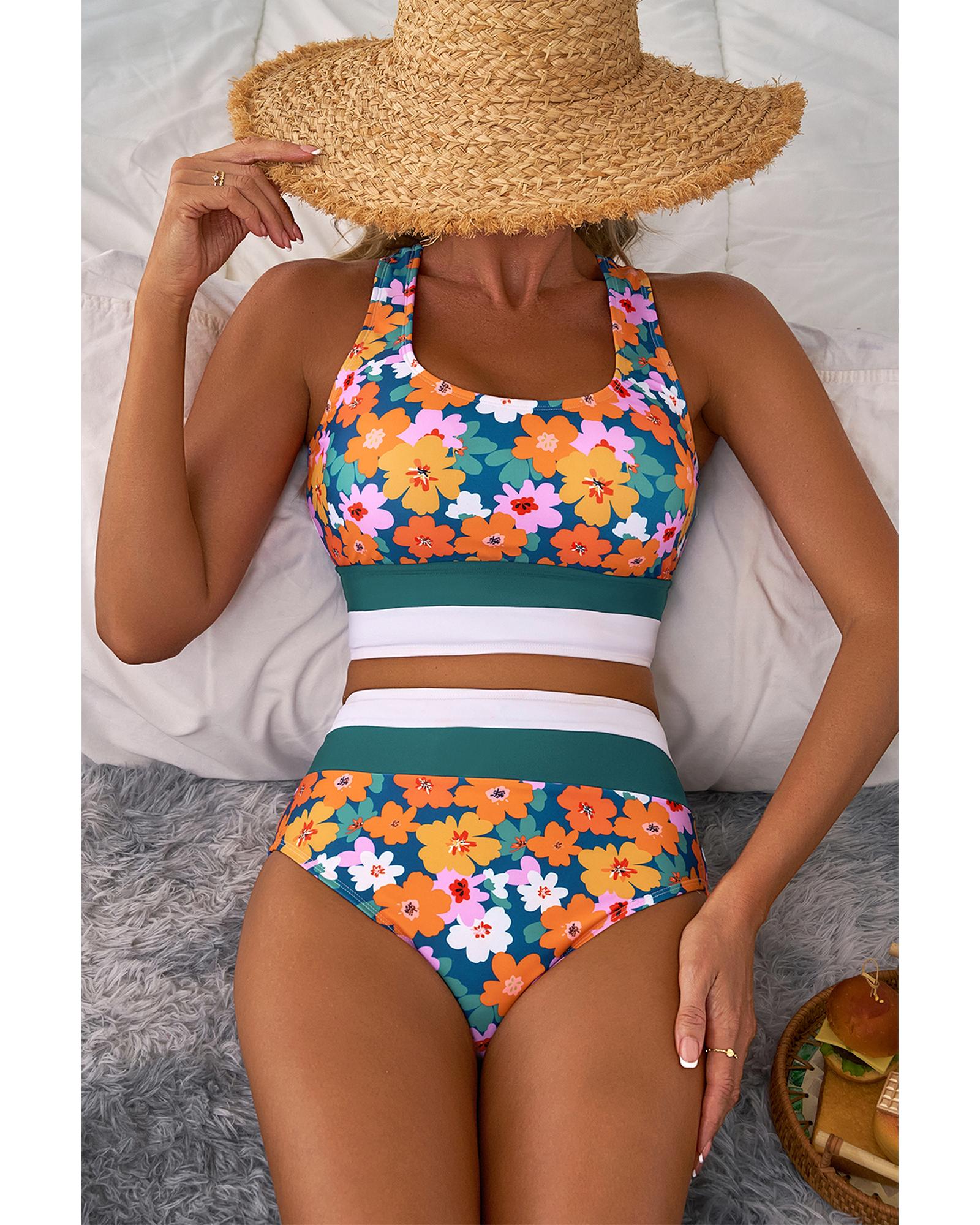 Green Floral Print Racerback Cutout High Waist 2pcs Bikini - 2XL 7