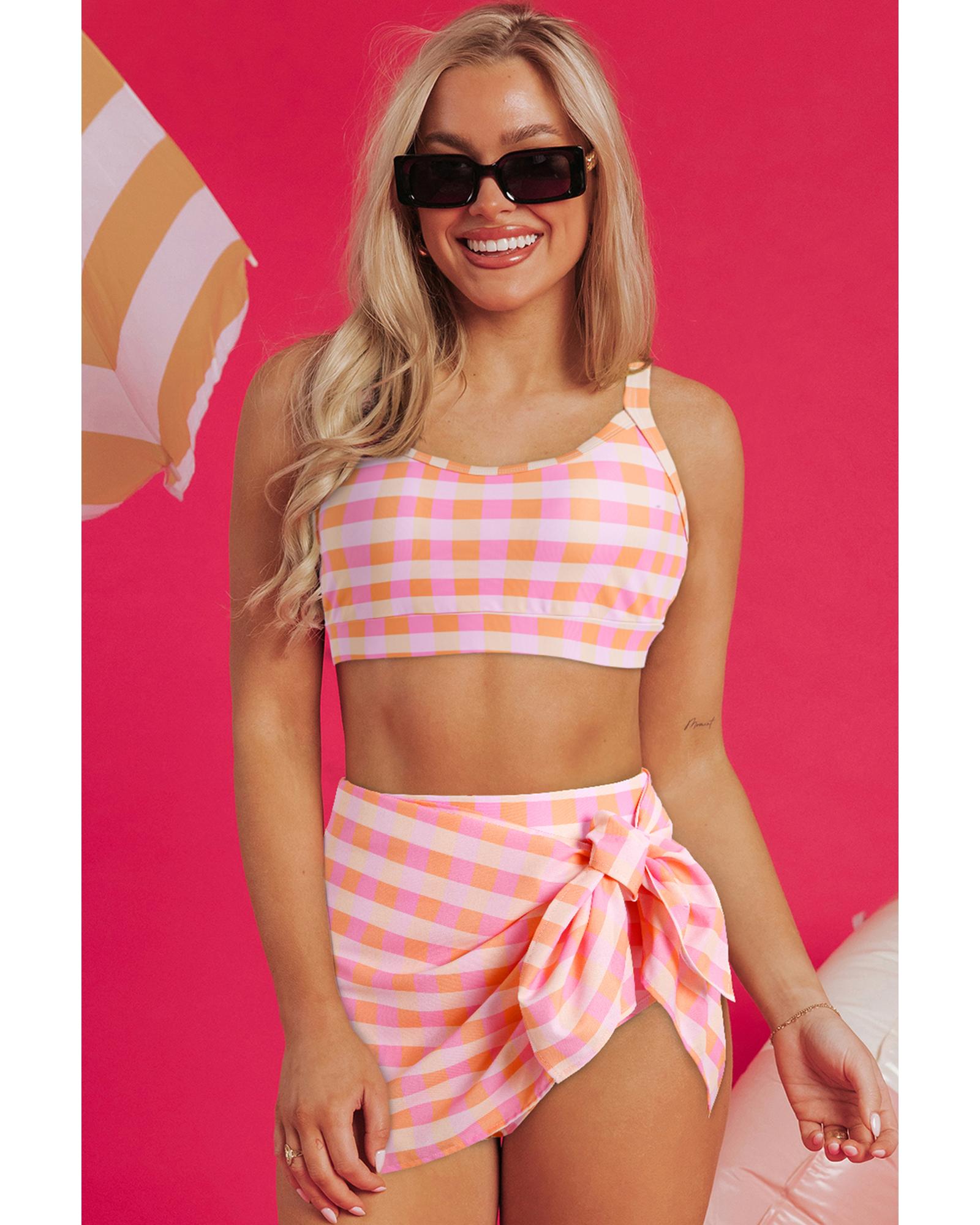 Pink 3pcs Gingham High Waist Bikini & Sarong - XL 3