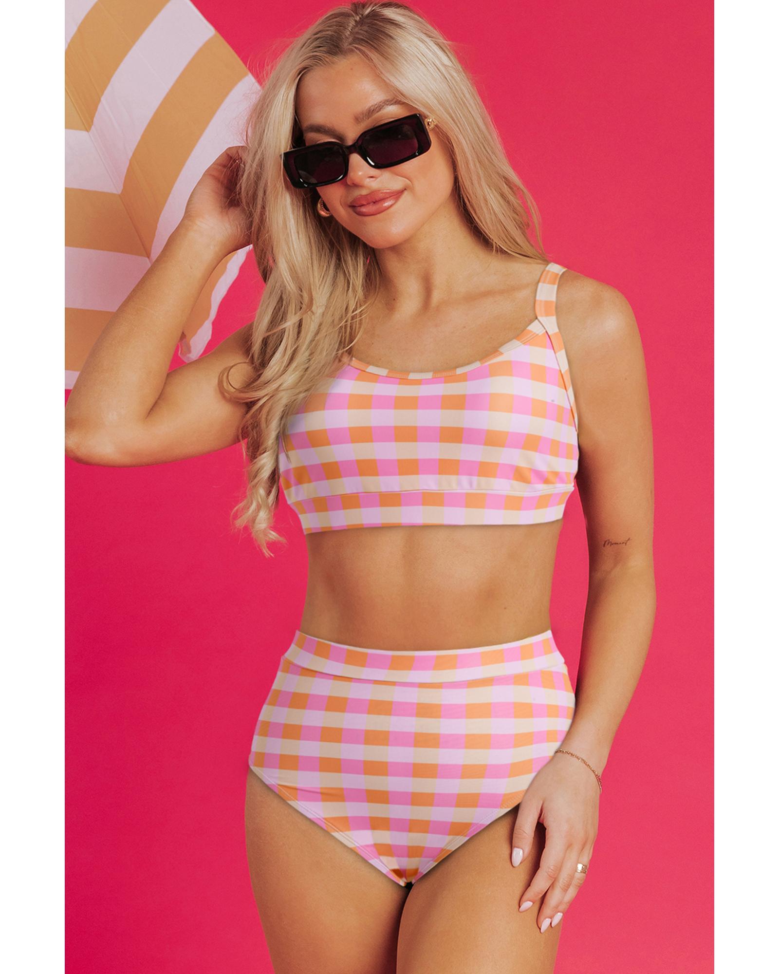 Pink 3pcs Gingham High Waist Bikini & Sarong - XL 4