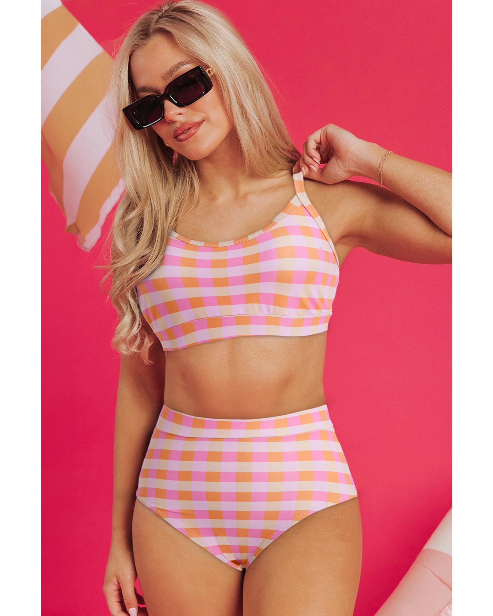 Pink 3pcs Gingham High Waist Bikini & Sarong - XL 6