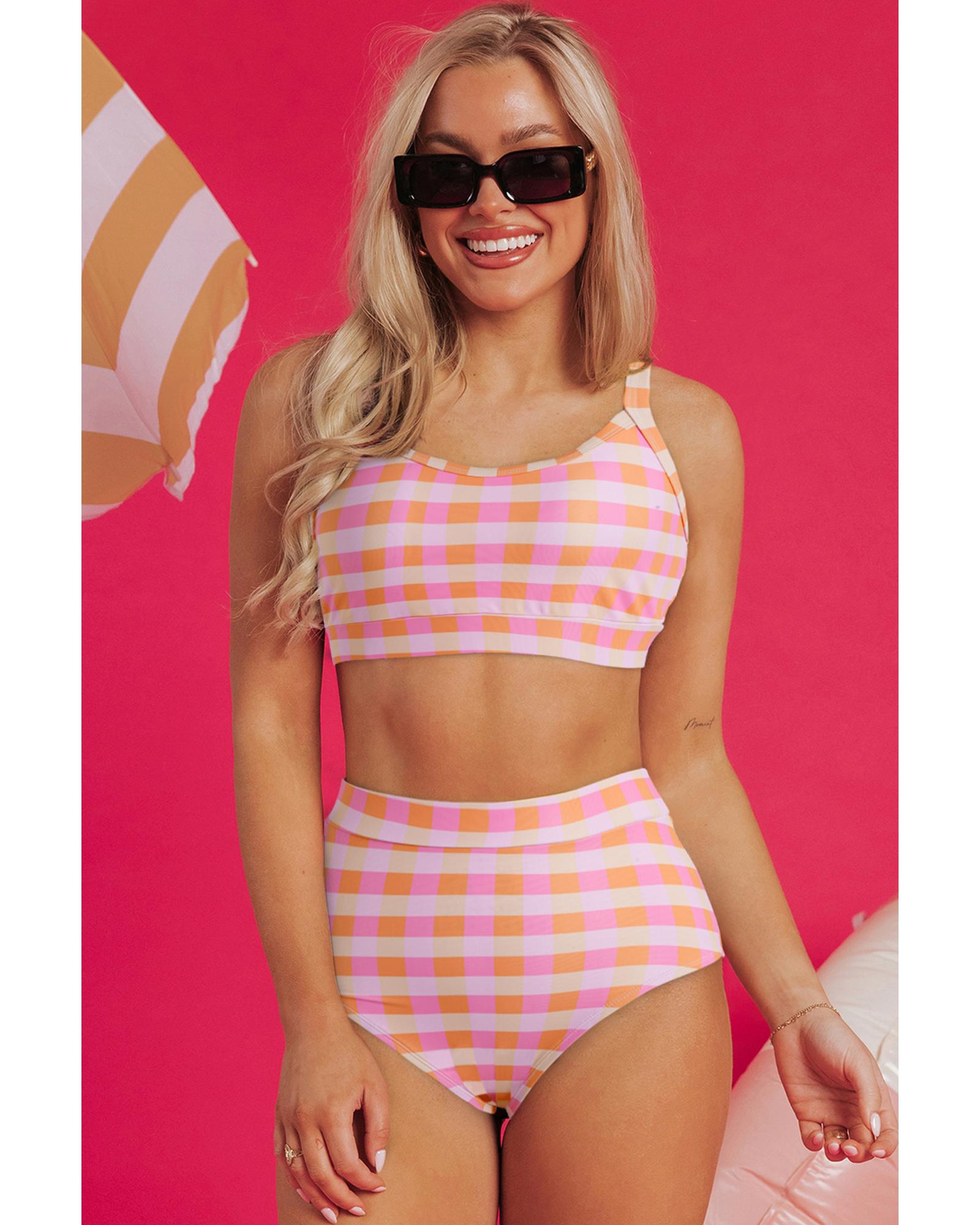Pink 3pcs Gingham High Waist Bikini & Sarong - XL 7