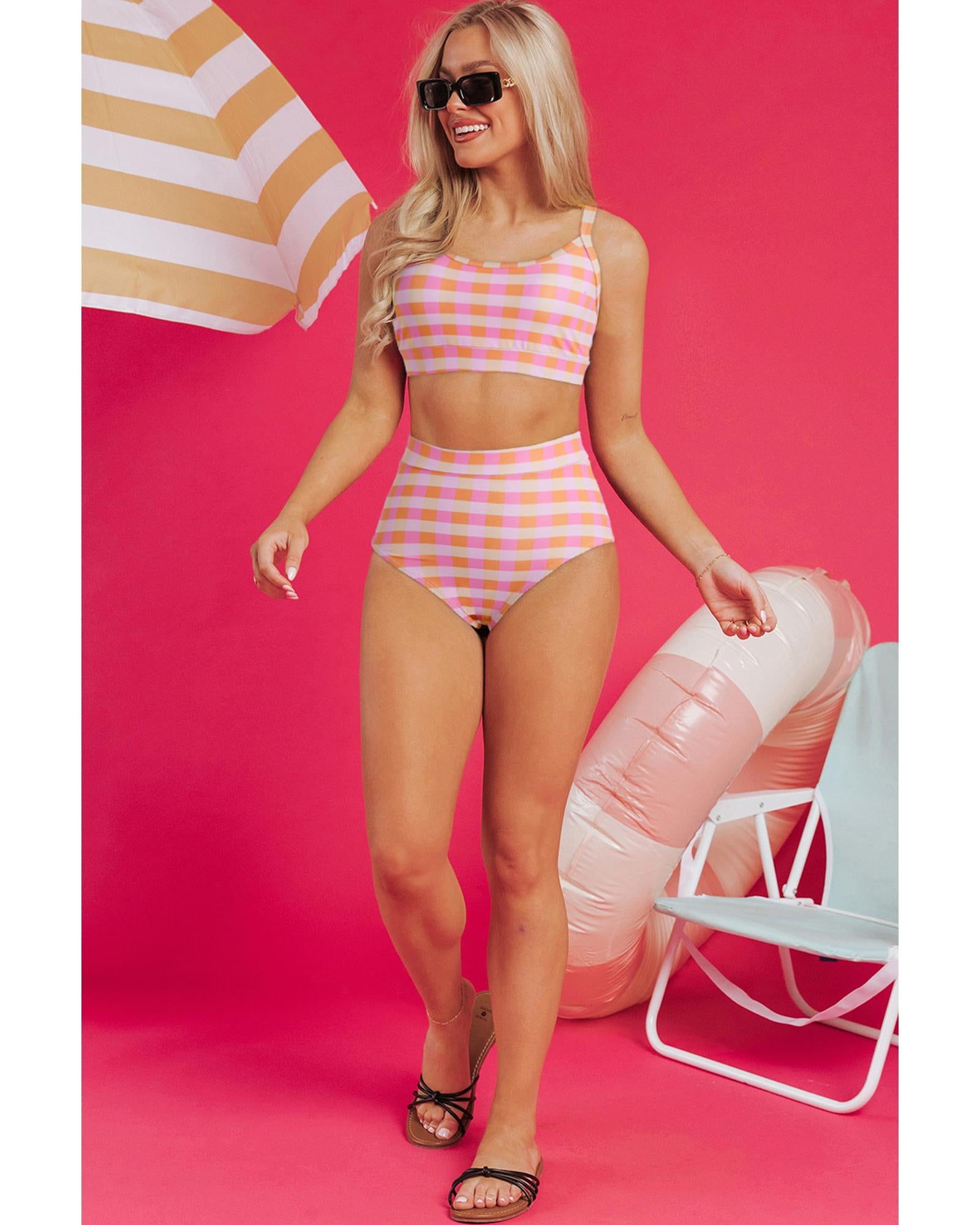 Pink 3pcs Gingham High Waist Bikini & Sarong - XL 8