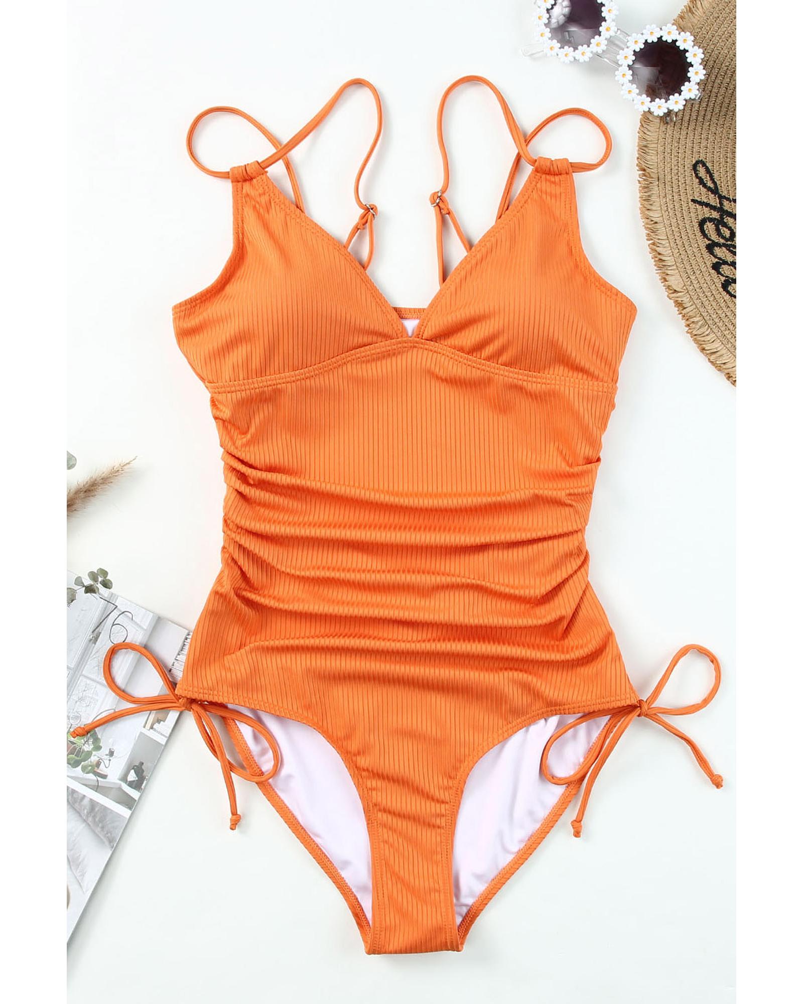 Orange Adjustable Straps Ribbed Knit One Piece Swimsuit - 2XL 6