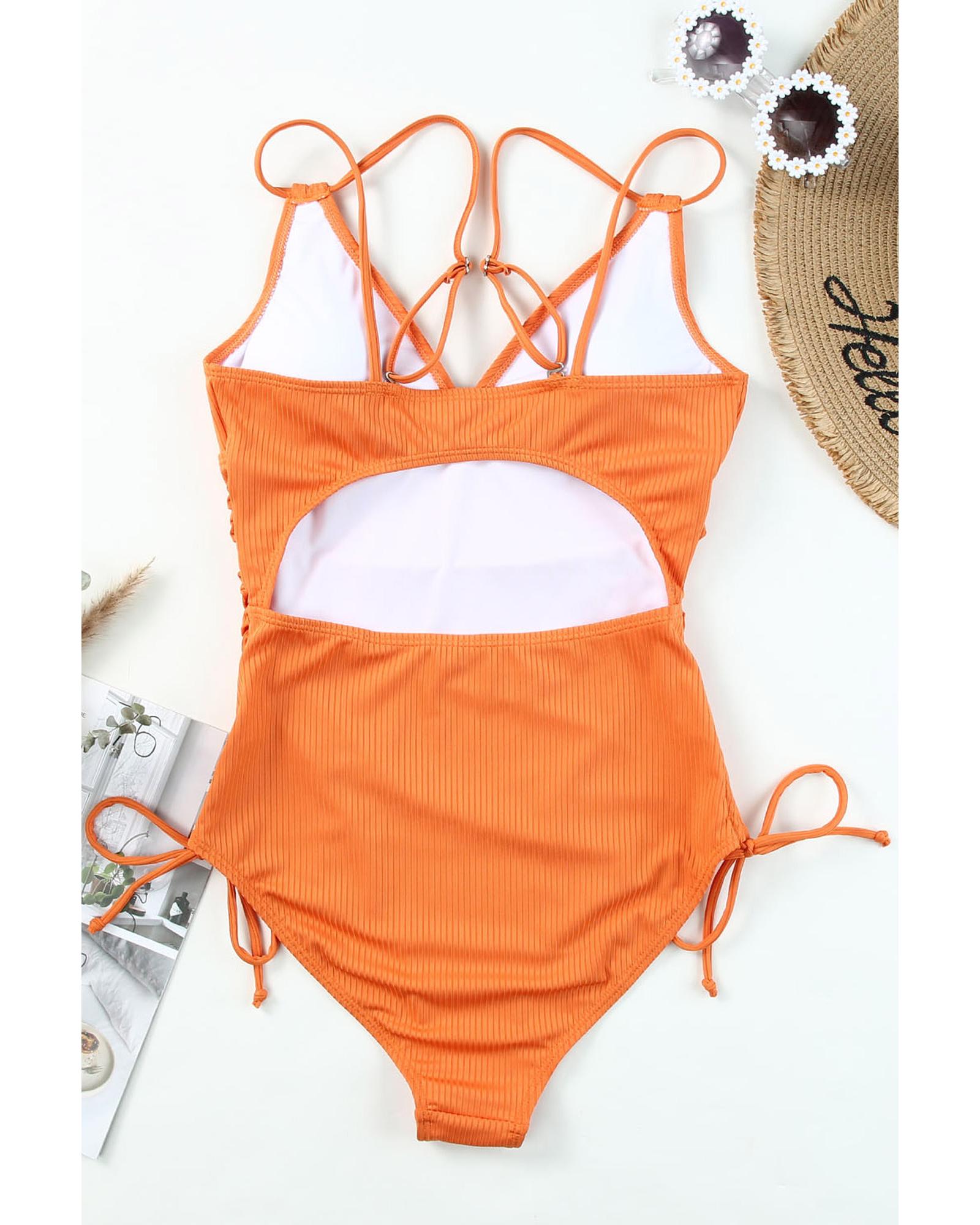 Orange Adjustable Straps Ribbed Knit One Piece Swimsuit - XL 7