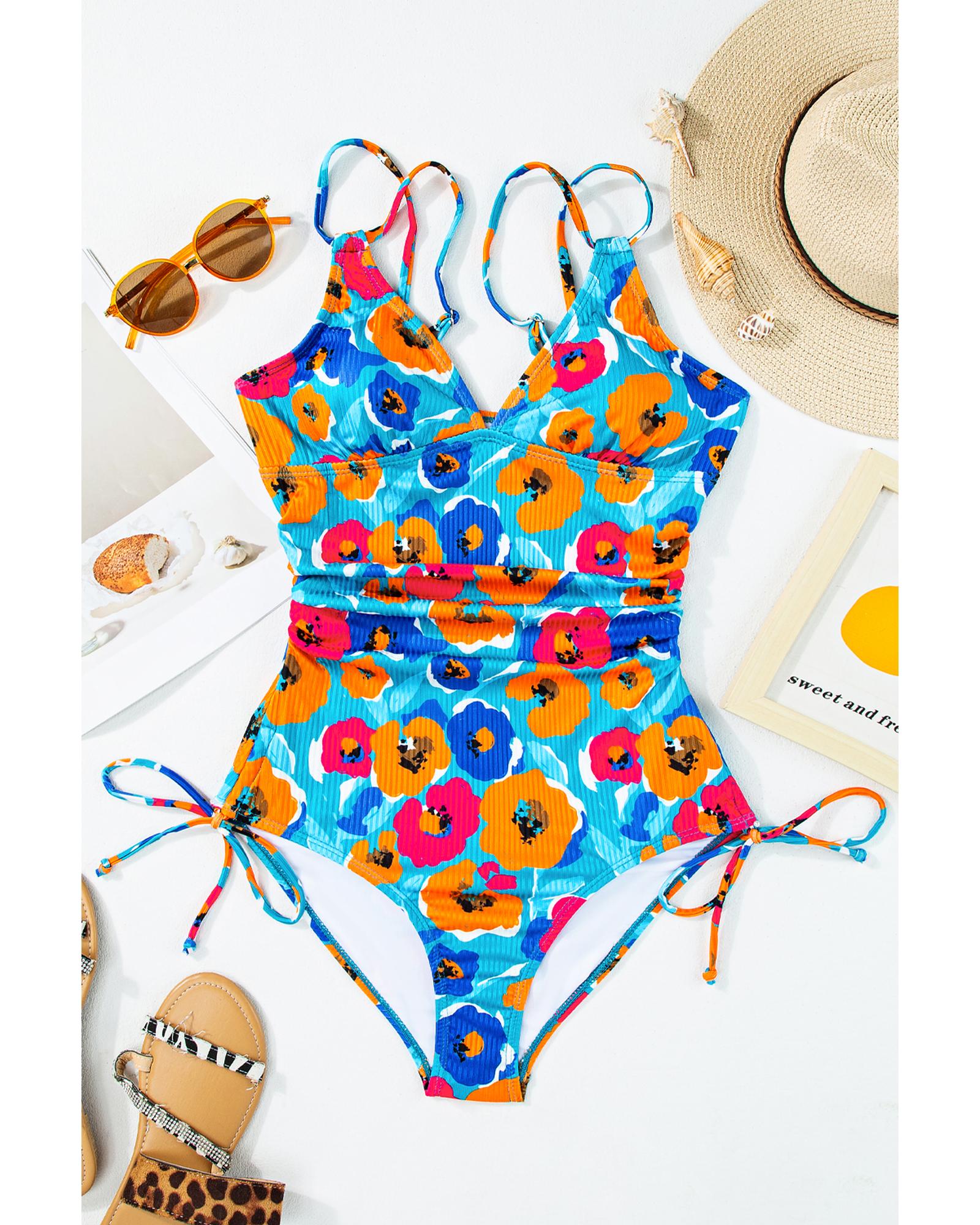 Sky Blue Orange Adjustable Straps Ribbed Knit One Piece Swimsuit - 2XL
