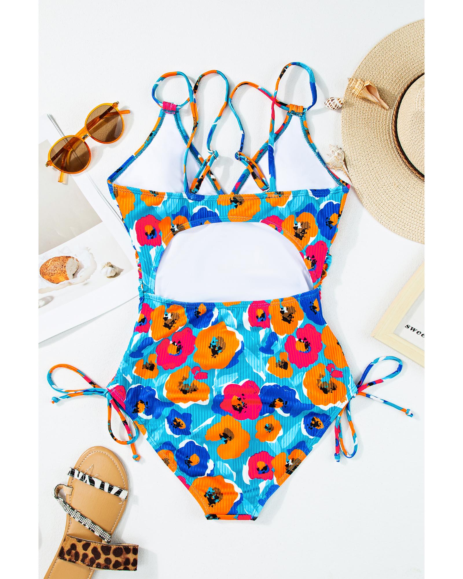 Sky Blue Orange Adjustable Straps Ribbed Knit One Piece Swimsuit - M 3