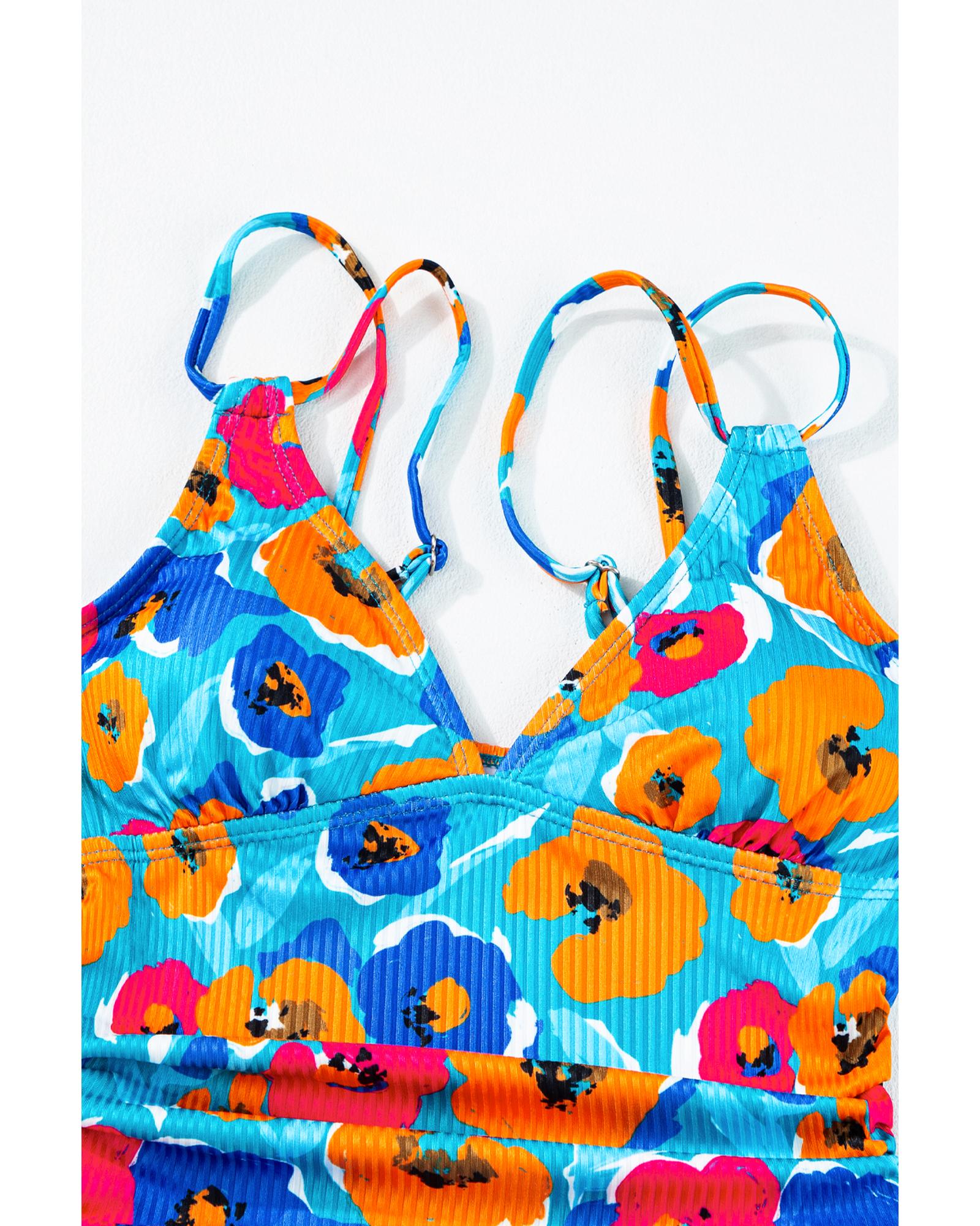 Sky Blue Orange Adjustable Straps Ribbed Knit One Piece Swimsuit - M 4