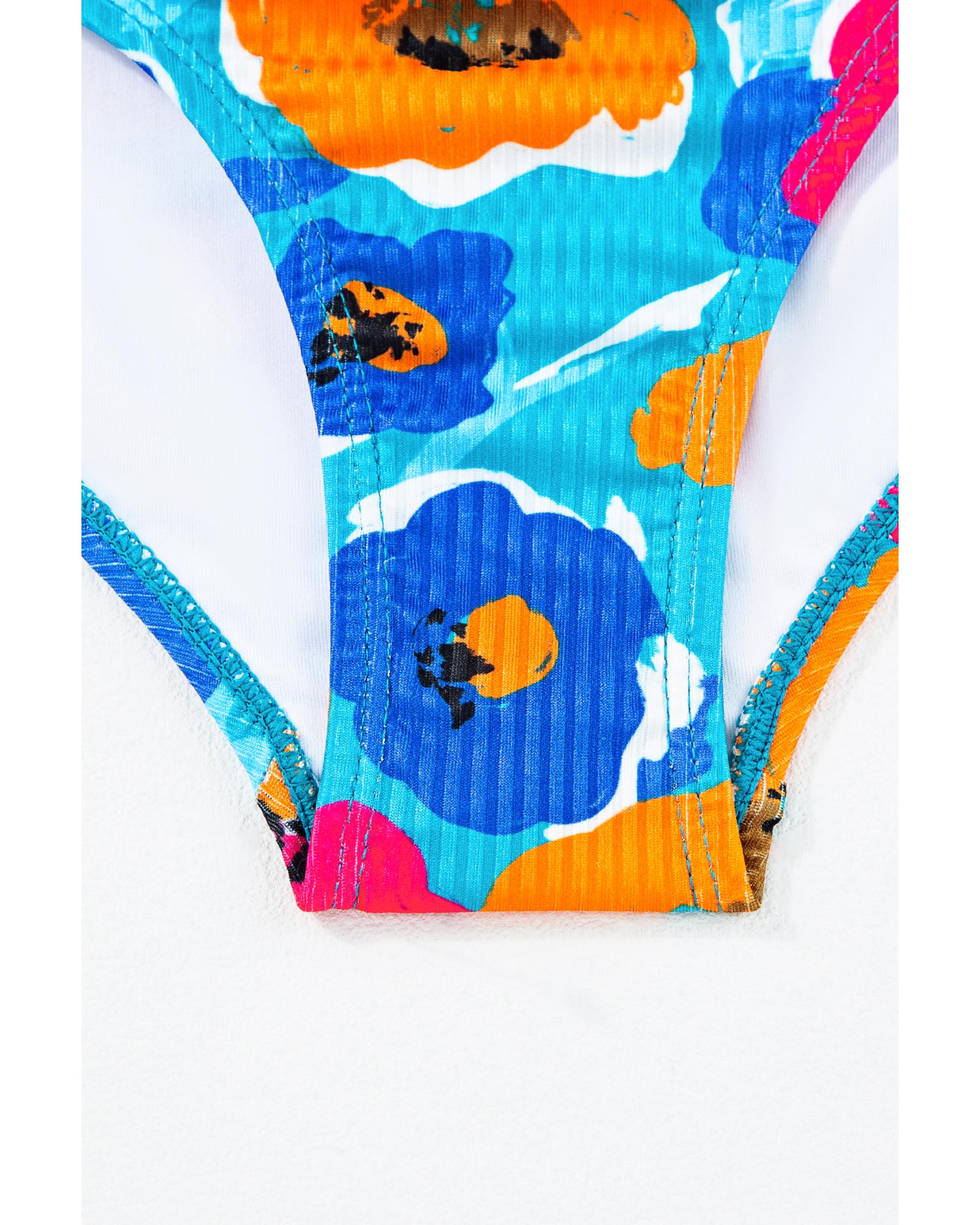 Sky Blue Orange Adjustable Straps Ribbed Knit One Piece Swimsuit - M 5