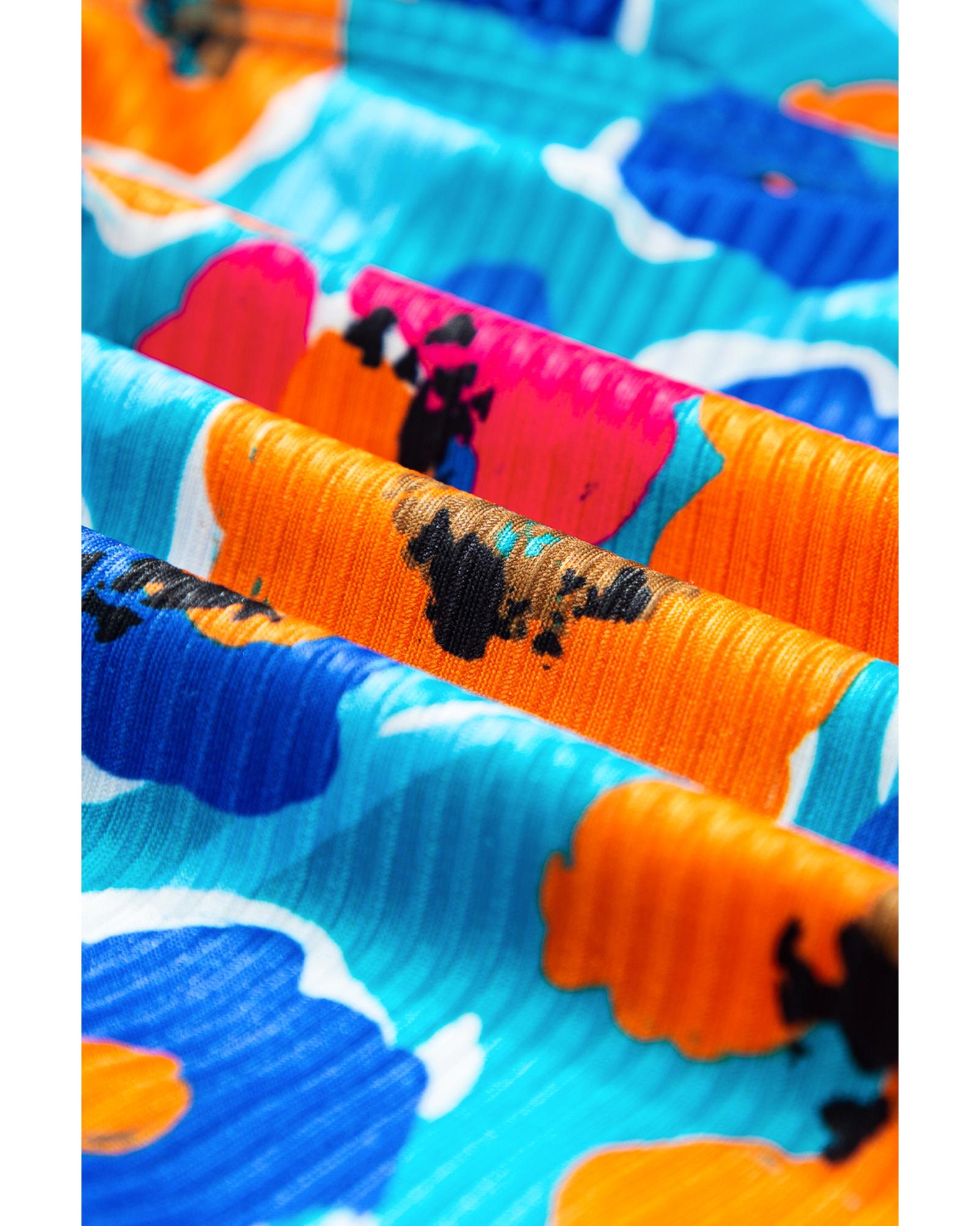 Sky Blue Orange Adjustable Straps Ribbed Knit One Piece Swimsuit - M 8
