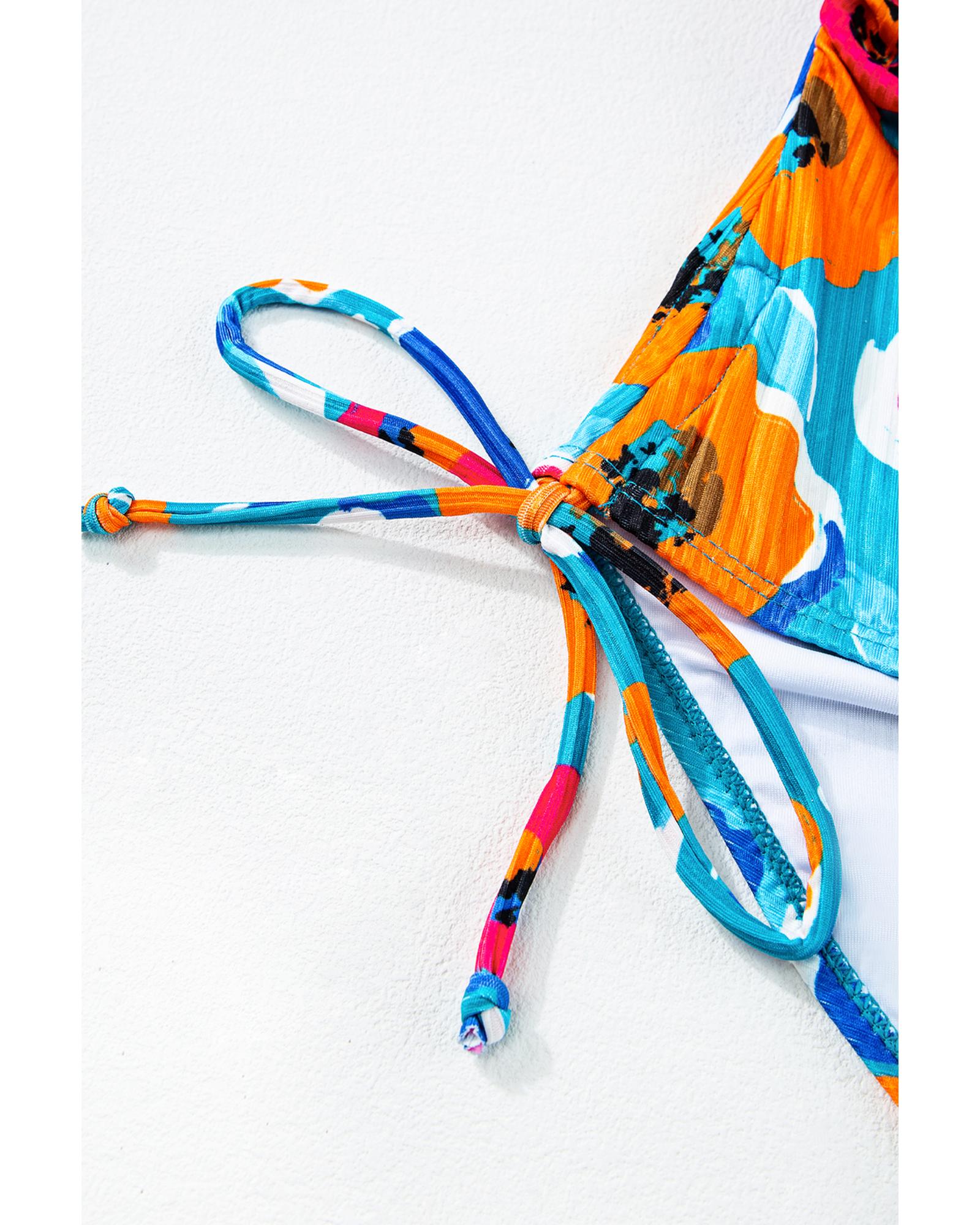 Sky Blue Orange Adjustable Straps Ribbed Knit One Piece Swimsuit - S 6