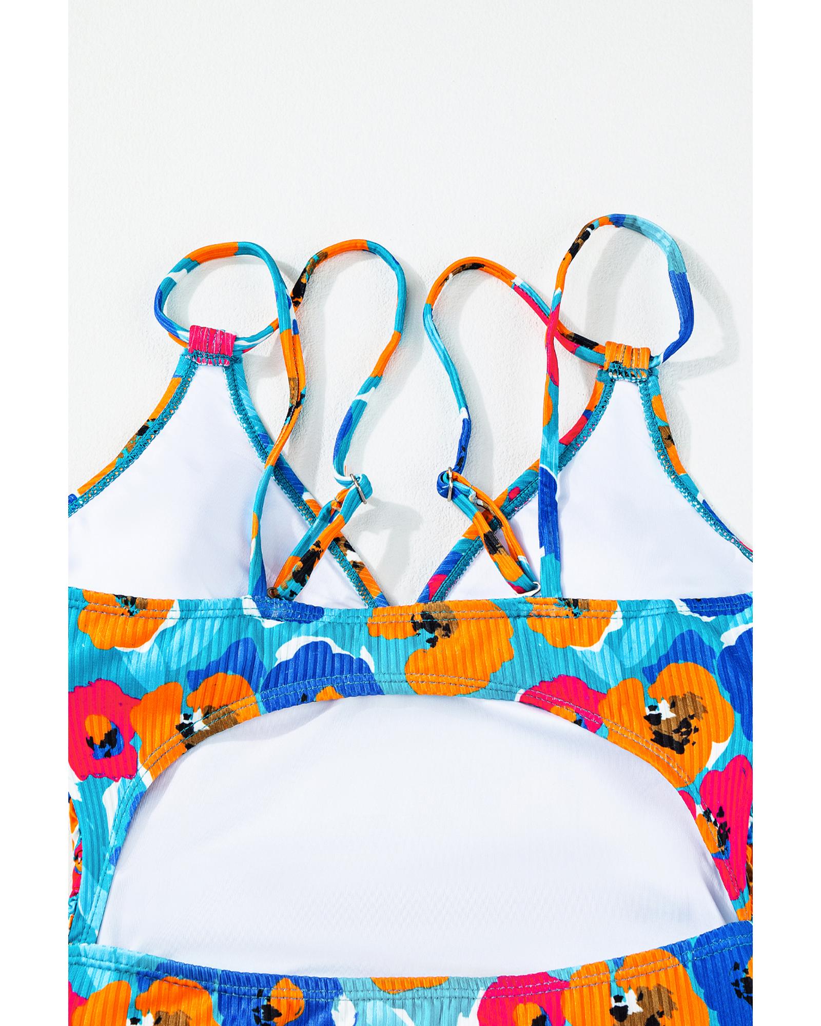 Sky Blue Orange Adjustable Straps Ribbed Knit One Piece Swimsuit - XL 7