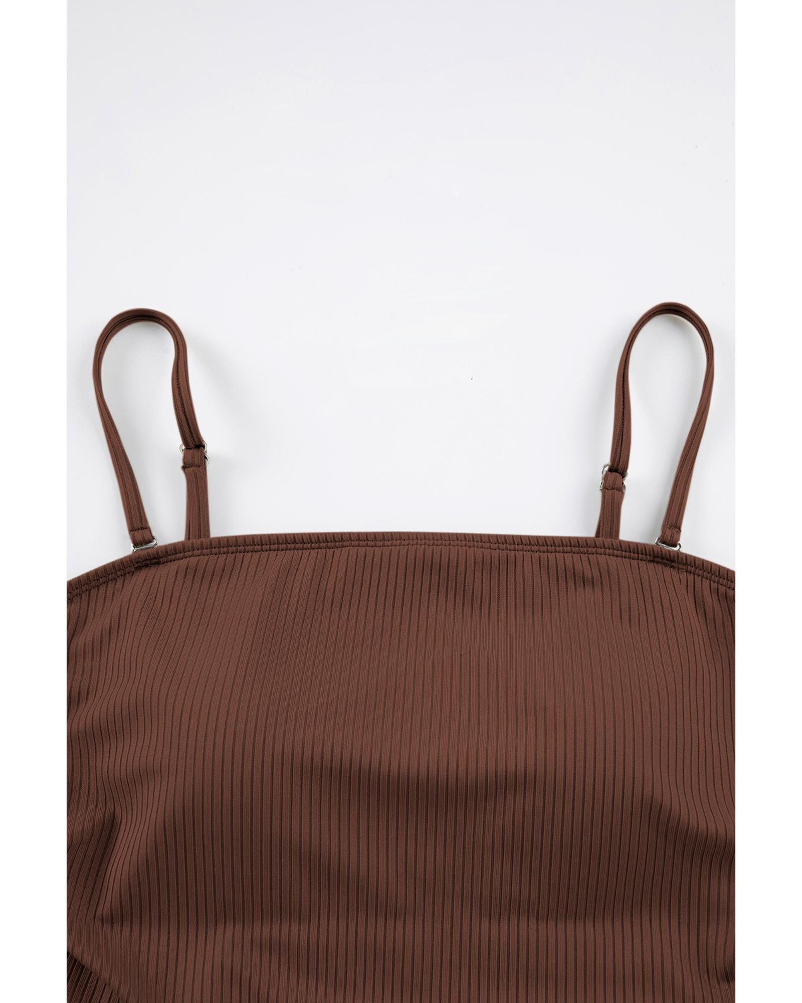 Coffee Ribbed Drawstring Sides Cutout One Piece Swimsuit - L 7