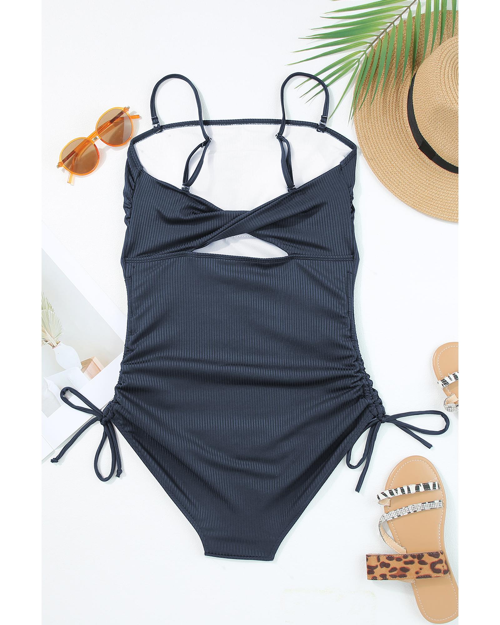 Navy Blue Ribbed Drawstring Sides Cutout One Piece Swimsuit - M 3