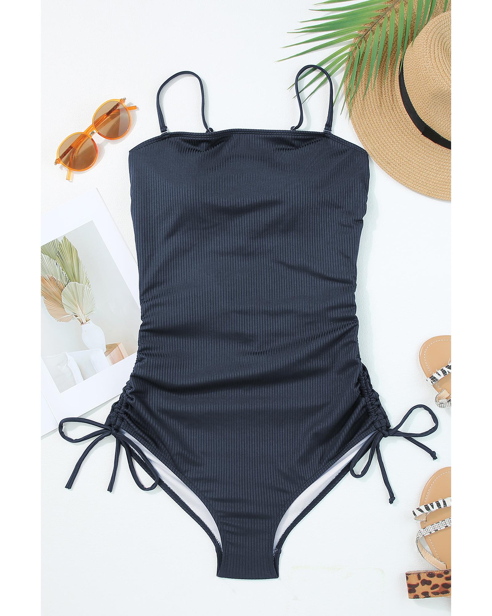 Navy Blue Ribbed Drawstring Sides Cutout One Piece Swimsuit - XL 5