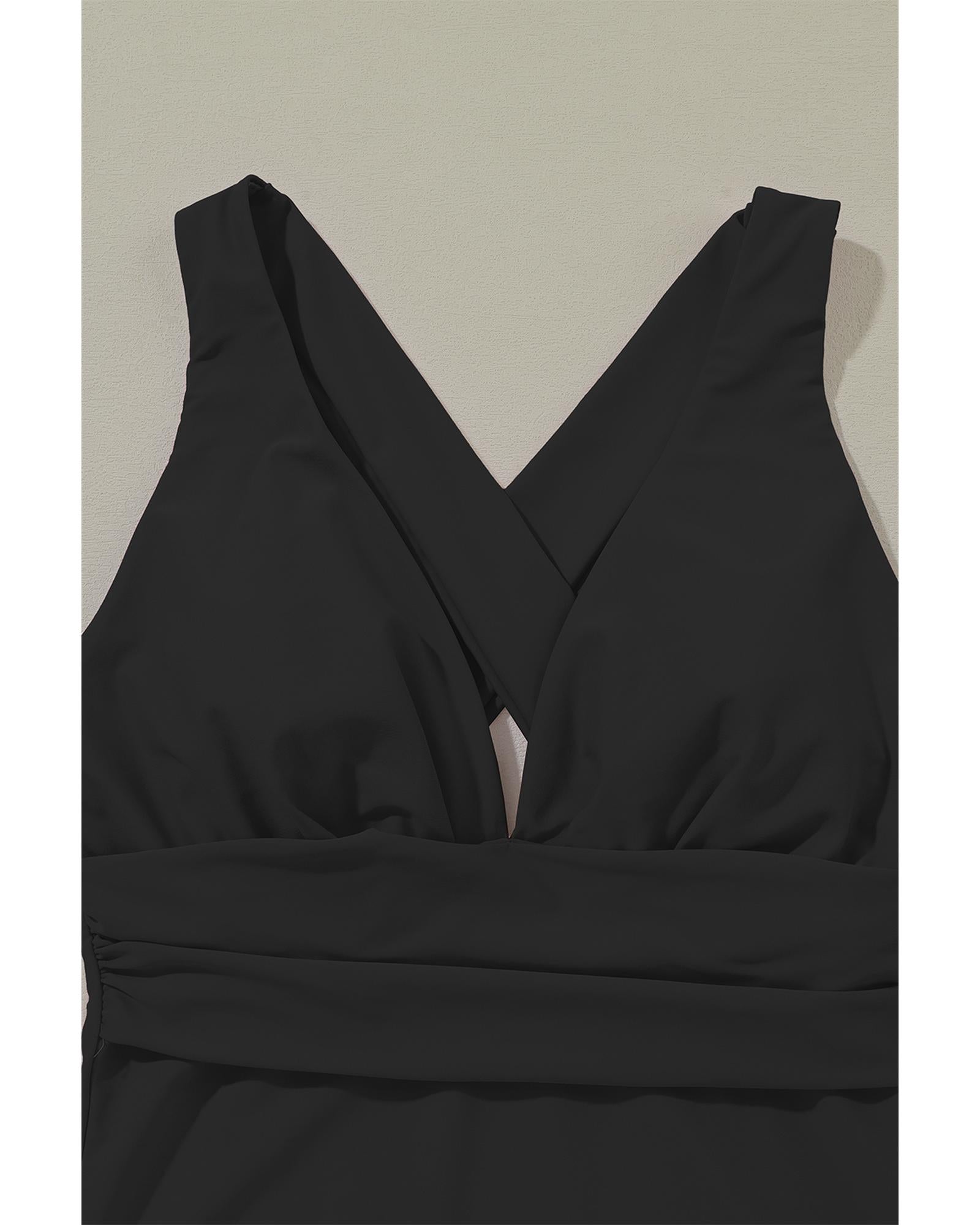 Black Deep V Neck Crossover Backless Ruched High Cut Monokini - M 7