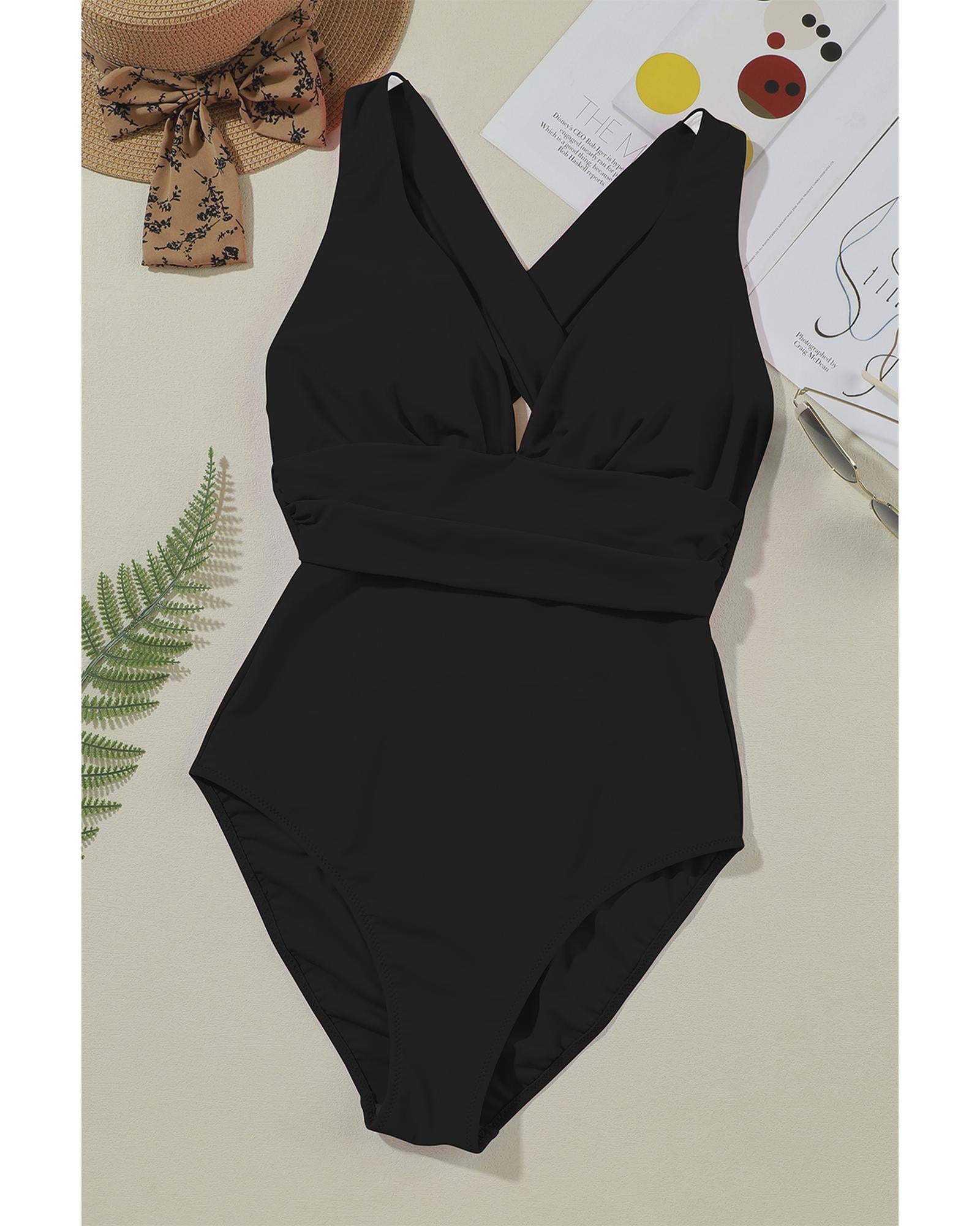 Black Deep V Neck Crossover Backless Ruched High Cut Monokini - S 6