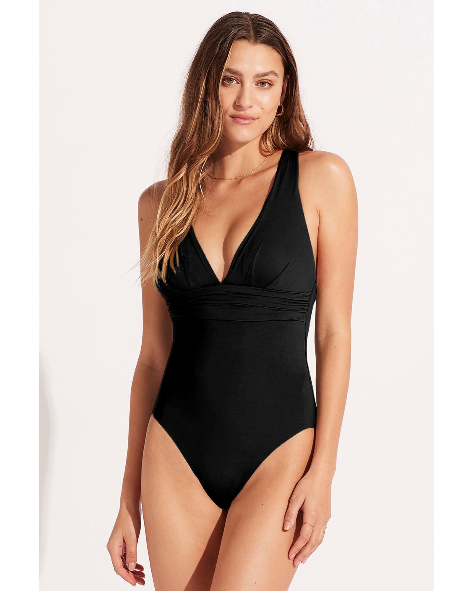 Black Deep V Neck Crossover Backless Ruched High Cut Monokini - XL 8