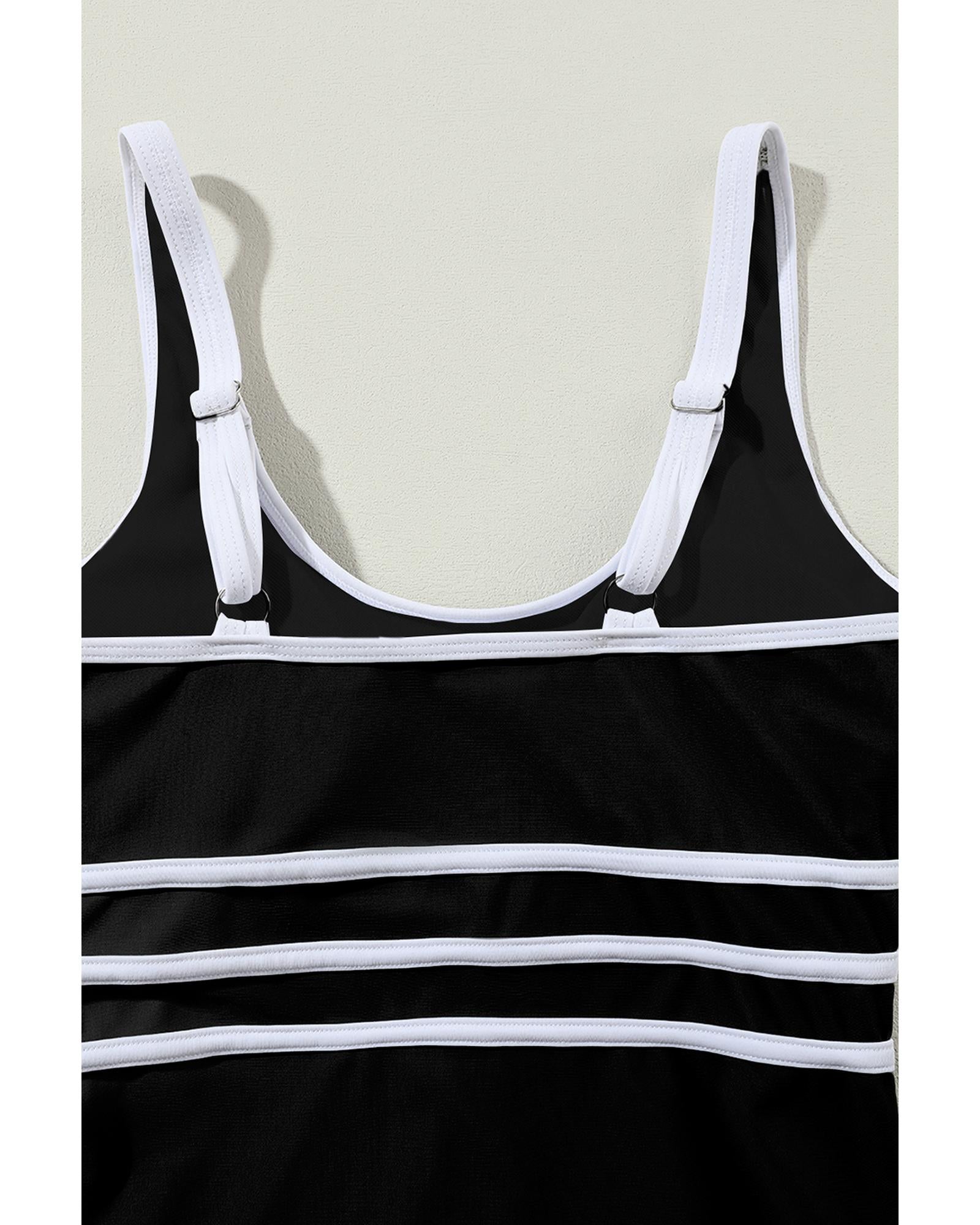 Black Contrast Trim Colorblock U Neck One Piece Swimwear - 2XL