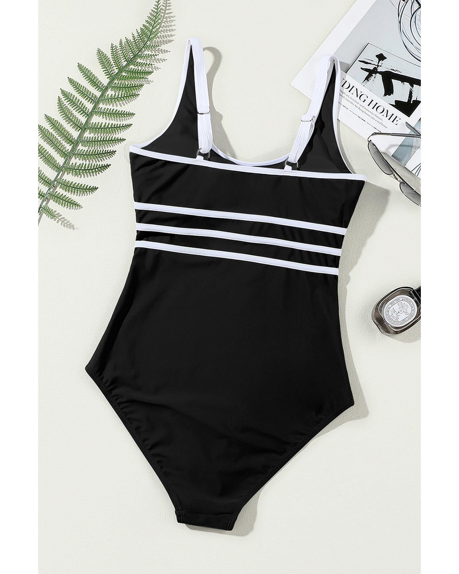 Black Contrast Trim Colorblock U Neck One Piece Swimwear - XL 5